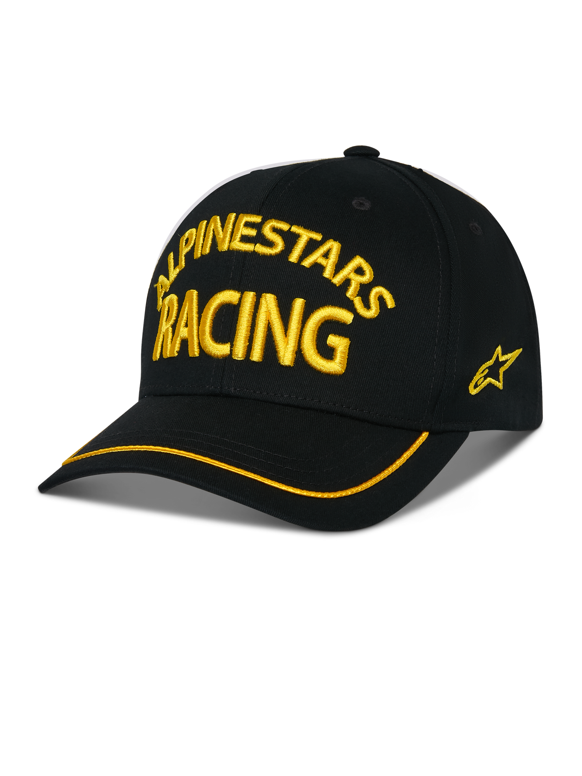 Alpinestars Luminary Hat, schwarze Baseball-Cap, gelbe ALPINESTARS RACING 3D-Stickerei, gebogener Schirm mit gelbem Rand, seitliches Stern-Logo, lässige Motorsport-Streetwear