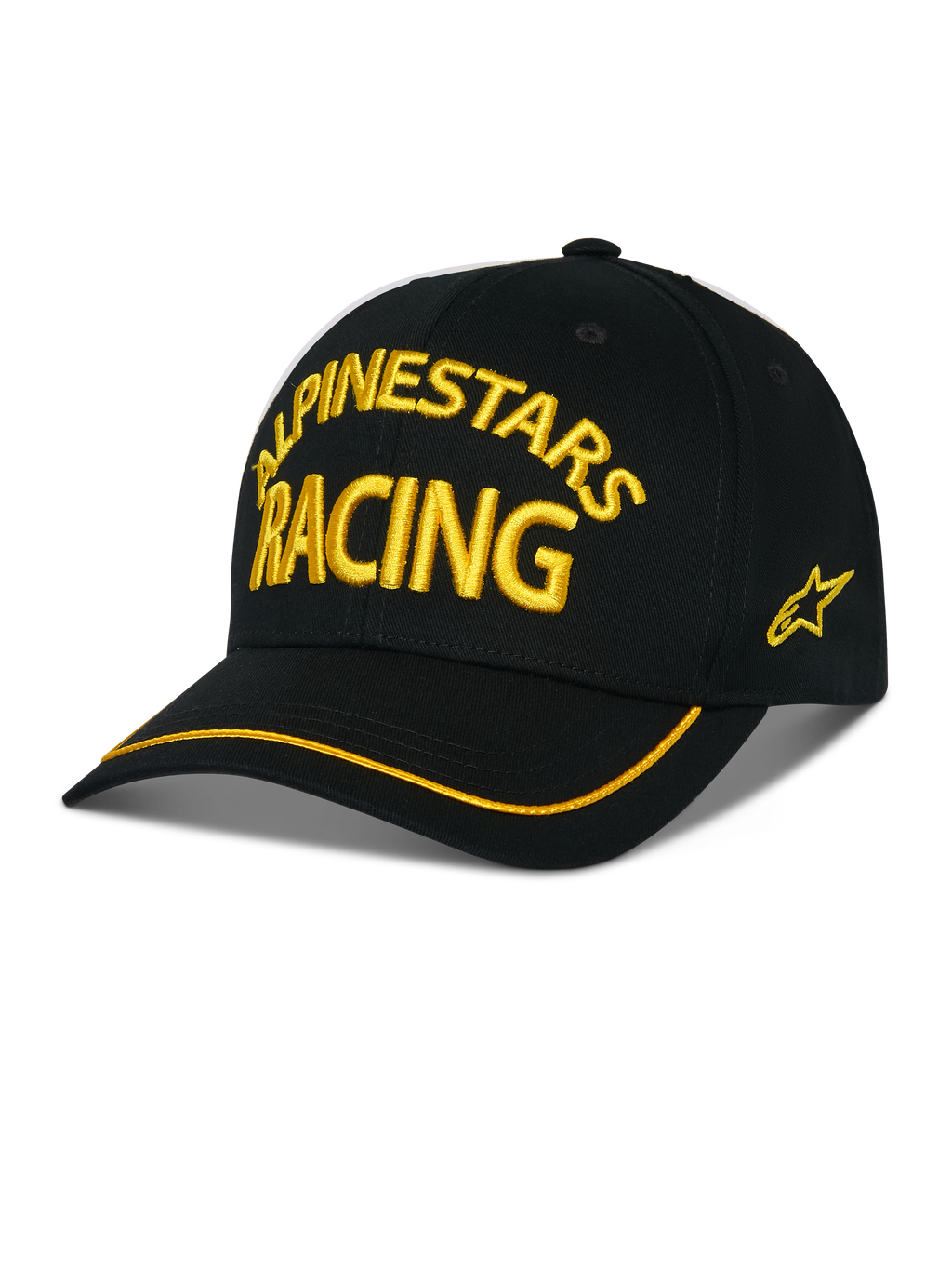 Alpinestars Luminary Hat, schwarze Baseball-Cap, gelbe ALPINESTARS RACING 3D-Stickerei, gebogener Schirm mit gelbem Rand, seitliches Stern-Logo, lässige Motorsport-Streetwear