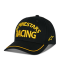 Alpinestars Luminary Hat, schwarze Baseball-Cap, gelbe ALPINESTARS RACING 3D-Stickerei, gebogener Schirm mit gelbem Rand, seitliches Stern-Logo, lässige Motorsport-Streetwear