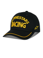 Alpinestars Luminary Hat, schwarze Baseball-Cap, gelbe ALPINESTARS RACING 3D-Stickerei, gebogener Schirm mit gelbem Rand, seitliches Stern-Logo, lässige Motorsport-Streetwear