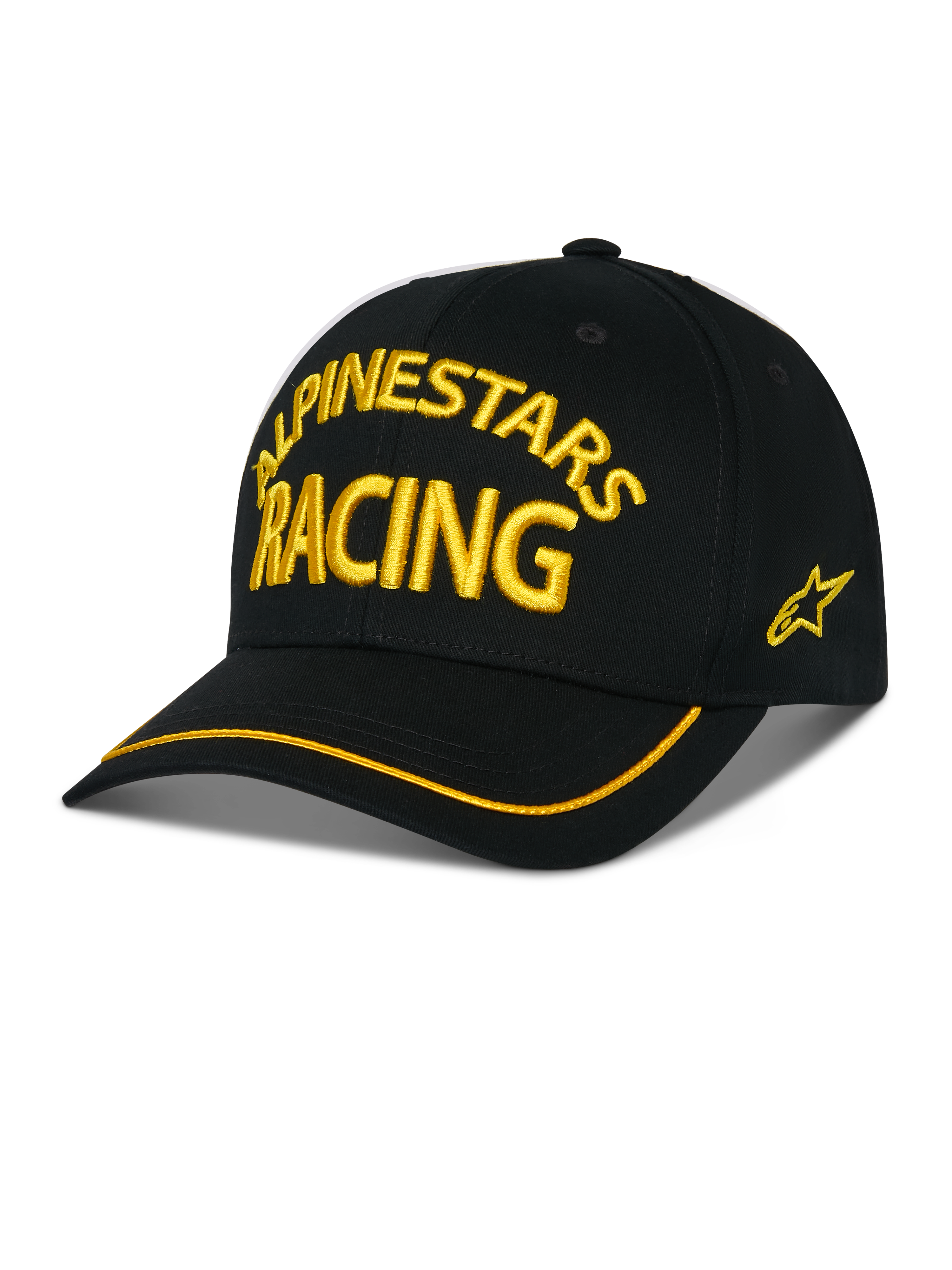 Alpinestars Luminary Hat, schwarze Baseball-Cap, gelbe ALPINESTARS RACING 3D-Stickerei, gebogener Schirm mit gelbem Rand, seitliches Stern-Logo, lässige Motorsport-Streetwear