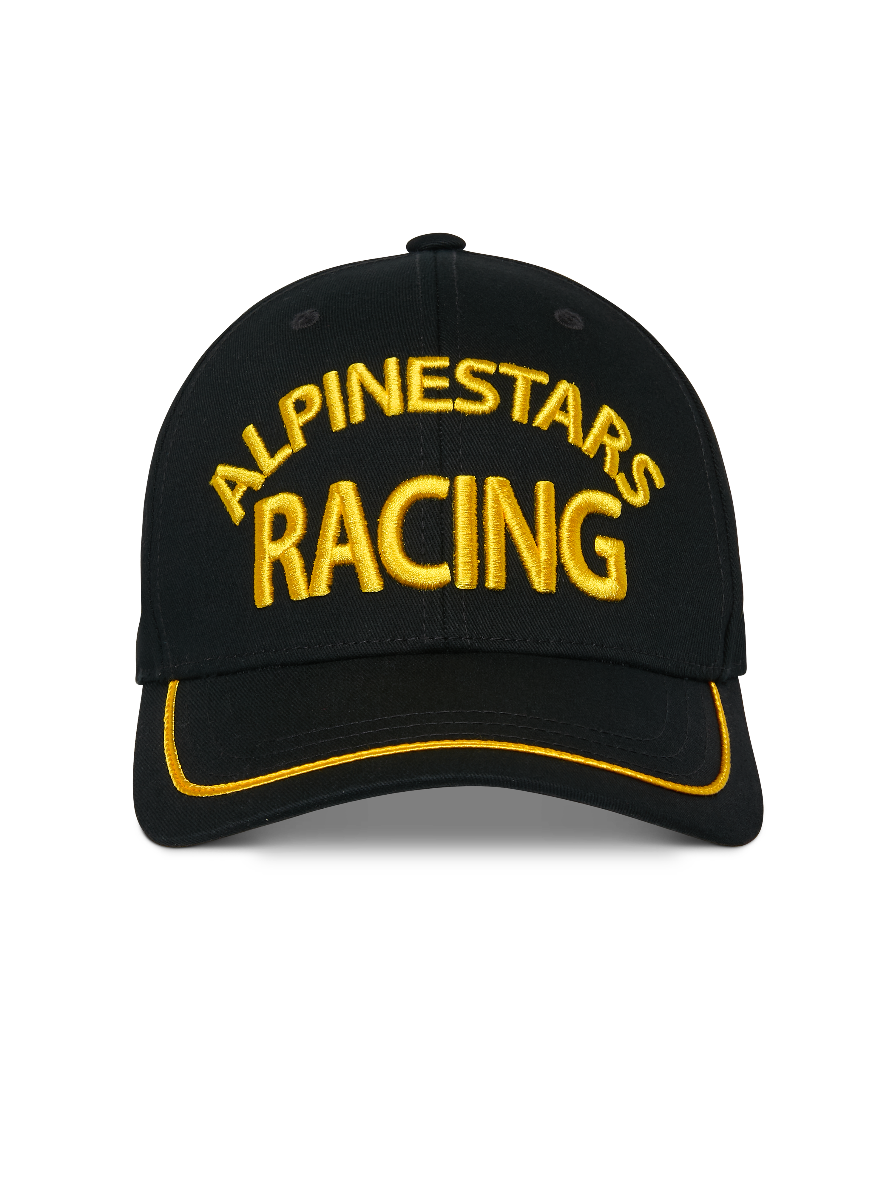 Alpinestars Luminary Kappe, schwarze Snapback-Cap, gelbe 3D-Stickerei „Alpinestars Racing“ auf der Vorderseite, gebogener Schirm mit gelbem Sutache-Besatz, lässige Motorsport-Kopfbedeckung