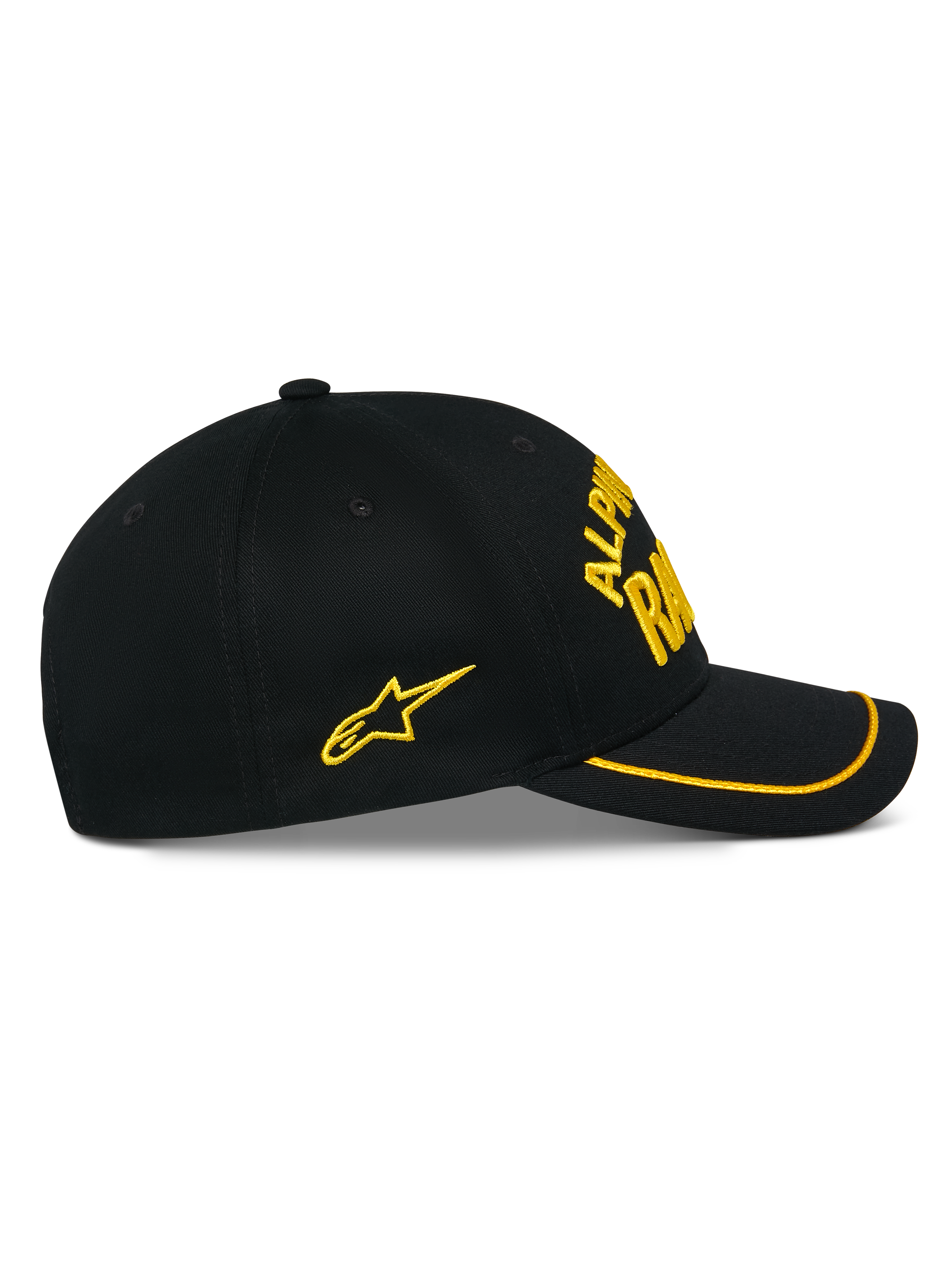 Alpinestars Luminary Cap, schwarze Snapback-Mütze, Seitenansicht, gebogener Schirm mit gelbem Sutache-Besatz, gelbes 3D-Sticklogo und Stern an der Seite, 100 % Baumwoll-Twill, lässige Motorsport-Kopfbedeckung