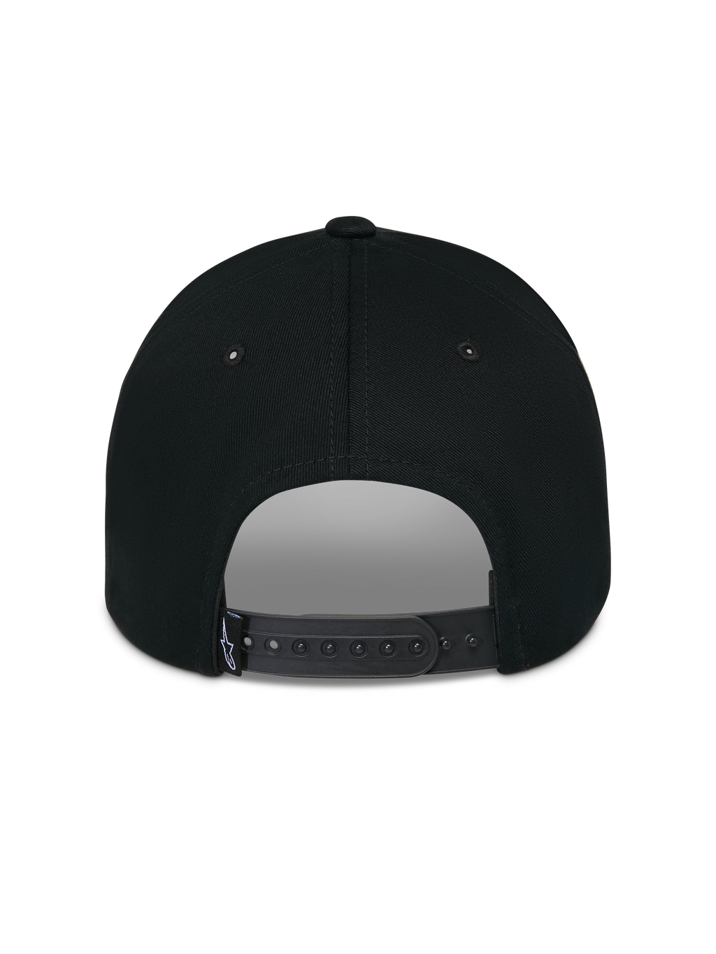 Alpinestars Luminary Mütze, Schwarz, Rückansicht mit verstellbarem Snapback-Verschluss und kleinem gewebten Logo-Etikett, strukturierte Baumwollkrone, lässige, vom Motorsport inspirierte Kopfbedeckung