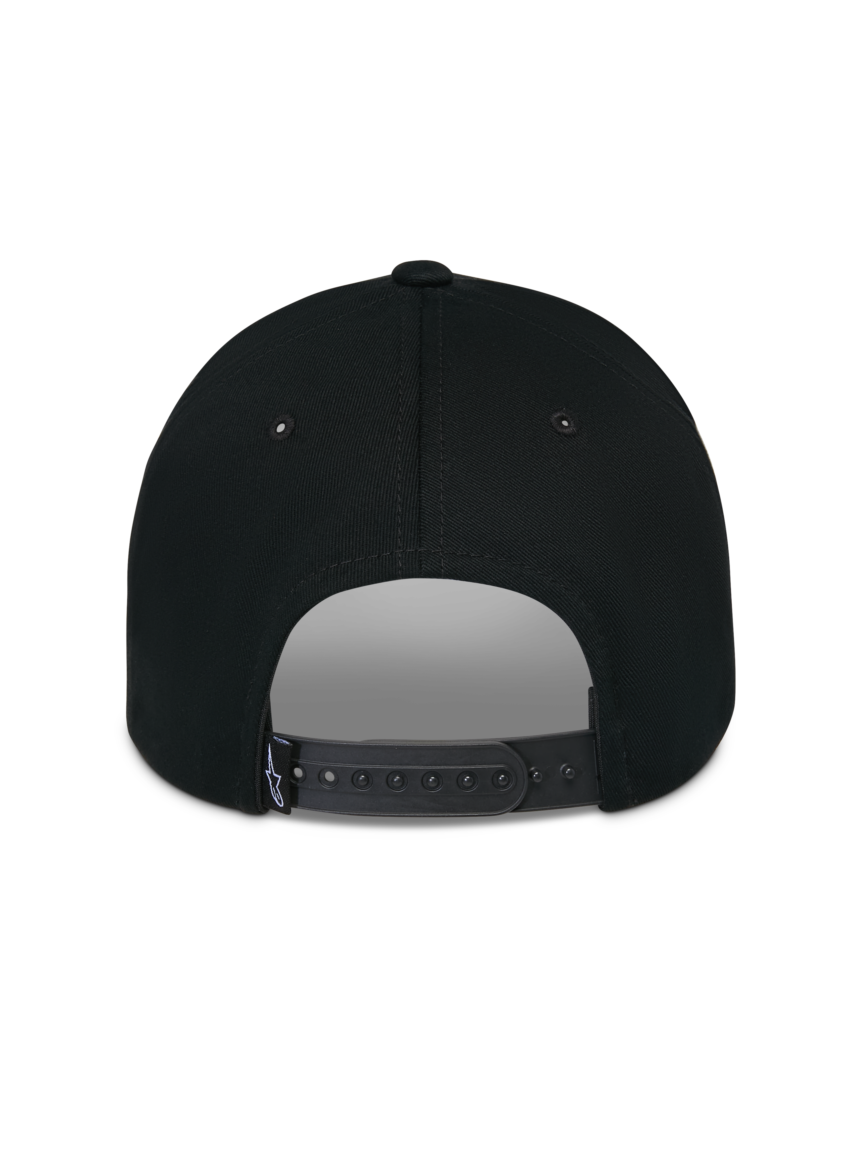 Alpinestars Luminary Mütze, Schwarz, Rückansicht mit verstellbarem Snapback-Verschluss und kleinem gewebten Logo-Etikett, strukturierte Baumwollkrone, lässige, vom Motorsport inspirierte Kopfbedeckung