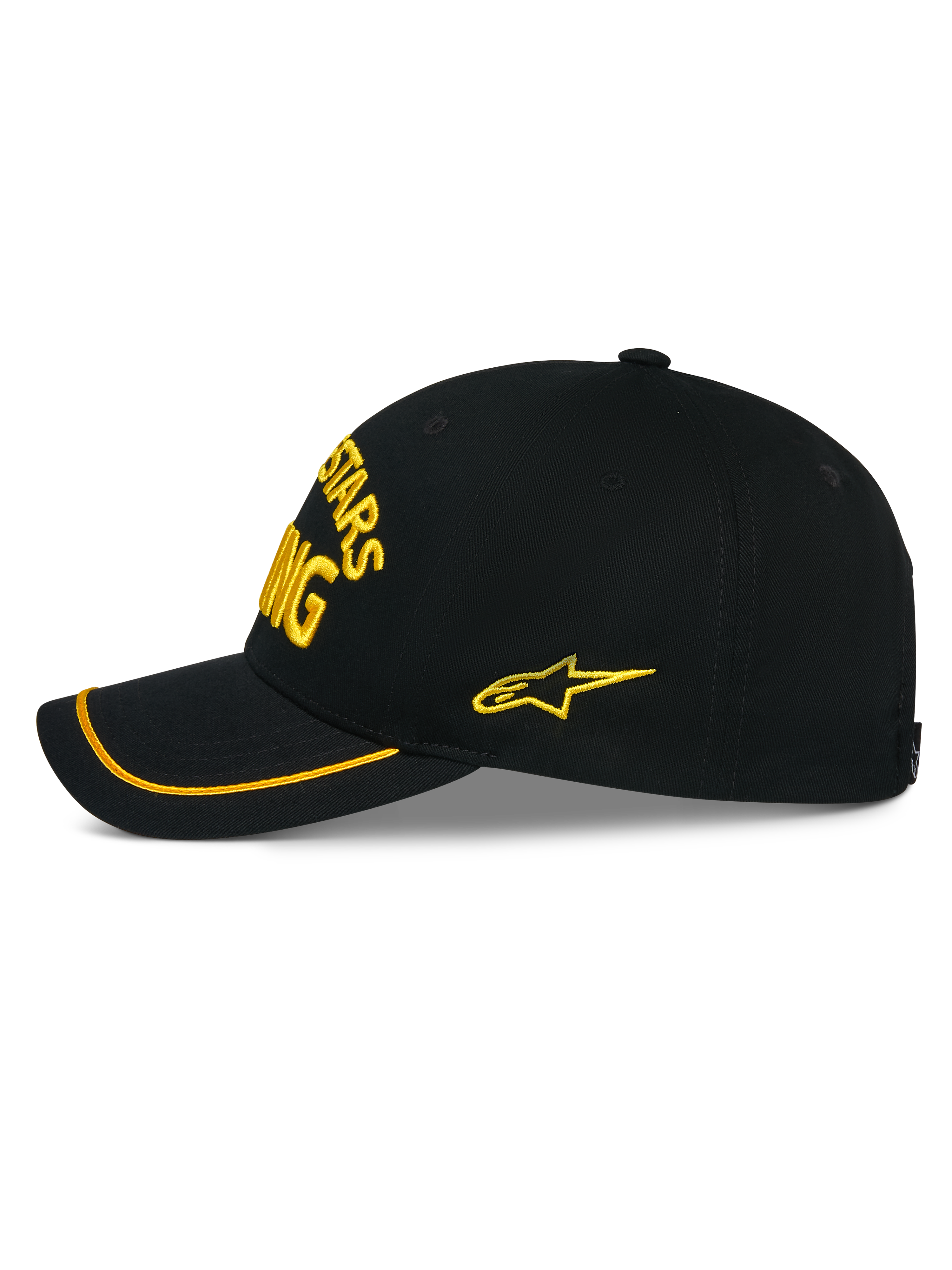 Alpinestars Luminary Cap, schwarze Snapback-Mütze in der Seitenansicht, gelbe 3D-Stickerei auf der Vorderseite und an der Seite, gebogener Schirm mit gelbem Sutache-Besatz, strukturierte Baumwoll-Twill-Konstruktion