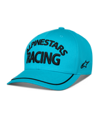 Alpinestars Luminary Mütze, Snapback mit gebogenem Schirm, Aquablau, mit schwarzem 3D-besticktem „ALPINESTARS RACING“ Schriftzug, seitlichem flachem Sticklogo und schwarzem Sutache-Besatz am Schirm, lässige, vom Motorsport inspirierte Kopfbedeckung.
