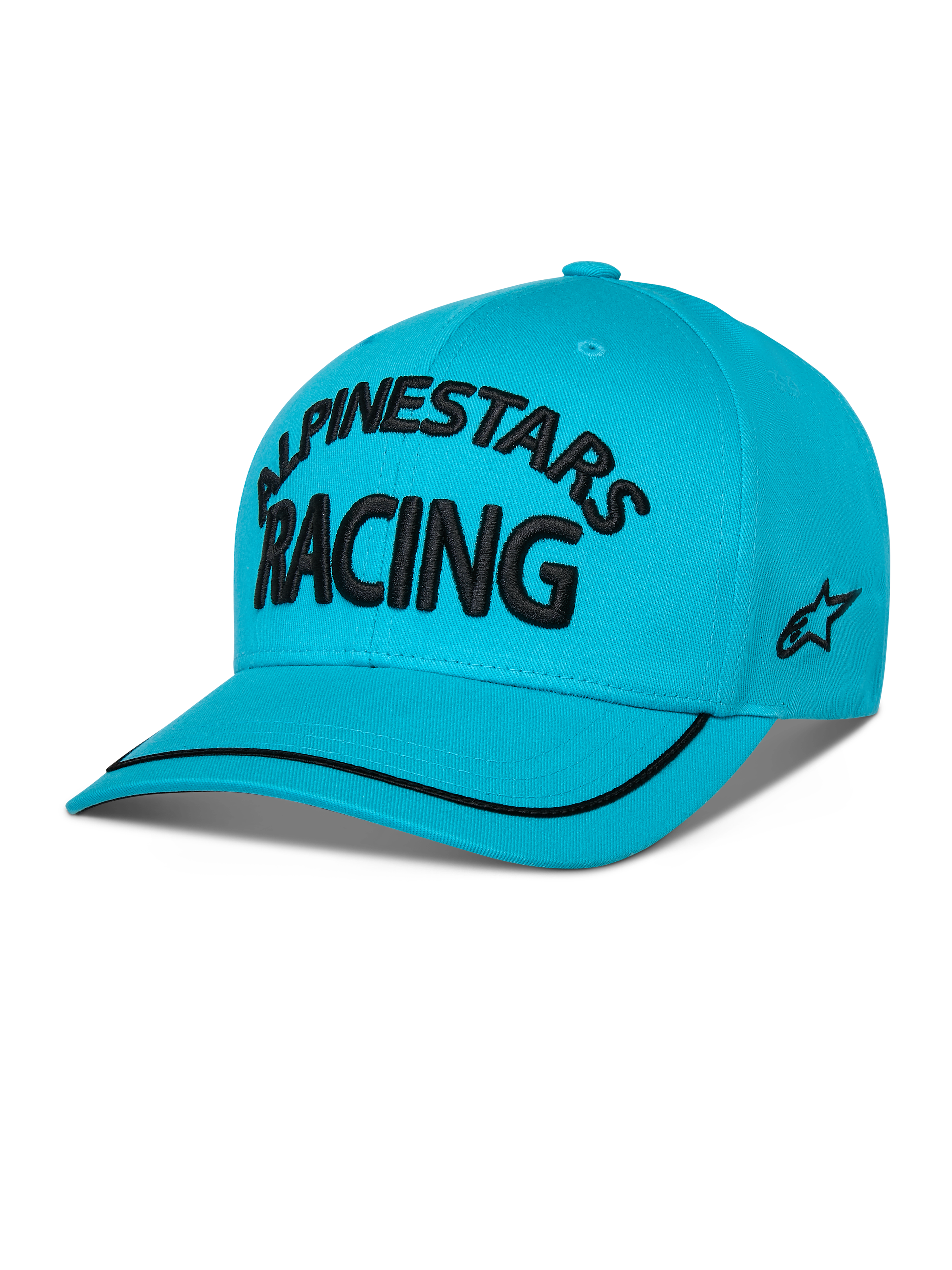 Alpinestars Luminary Mütze, Snapback mit gebogenem Schirm, Aquablau, mit schwarzem 3D-besticktem „ALPINESTARS RACING“ Schriftzug, seitlichem flachem Sticklogo und schwarzem Sutache-Besatz am Schirm, lässige, vom Motorsport inspirierte Kopfbedeckung.