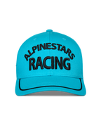 Alpinestars Luminary Kappe, Aquablau, Vorderansicht einer Snapback-Kappe mit gebogenem Schirm, schwarzes 3D-gesticktes Alpinestars Racing-Logo, schwarzer Sutache-Besatz am Schirm, strukturierte Krone, lässige Sportbekleidung