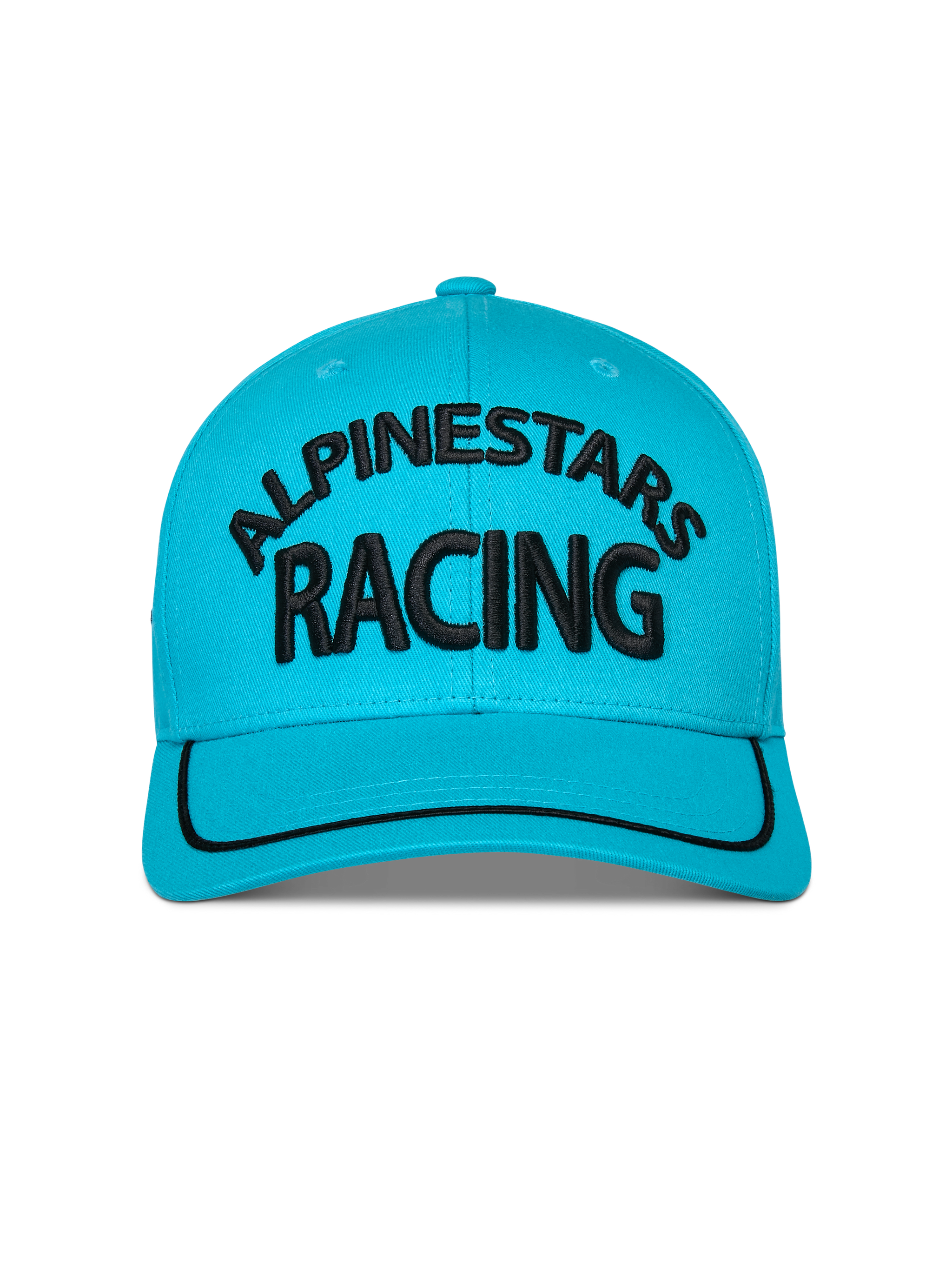 Alpinestars Luminary Kappe, Aquablau, Vorderansicht einer Snapback-Kappe mit gebogenem Schirm, schwarzes 3D-gesticktes Alpinestars Racing-Logo, schwarzer Sutache-Besatz am Schirm, strukturierte Krone, lässige Sportbekleidung
