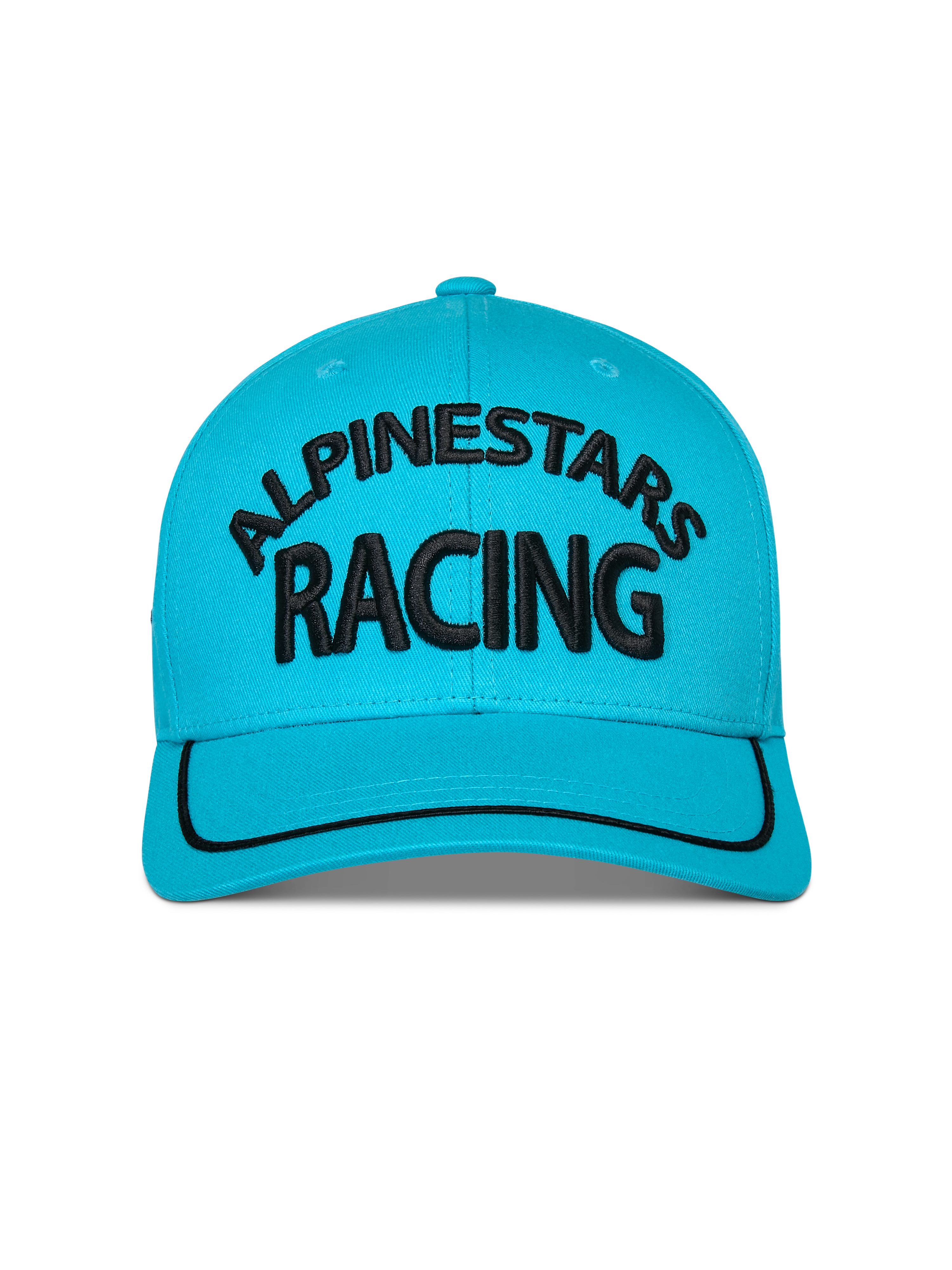Alpinestars Luminary Kappe, Aquablau, Vorderansicht einer Snapback-Kappe mit gebogenem Schirm, schwarzes 3D-gesticktes Alpinestars Racing-Logo, schwarzer Sutache-Besatz am Schirm, strukturierte Krone, lässige Sportbekleidung