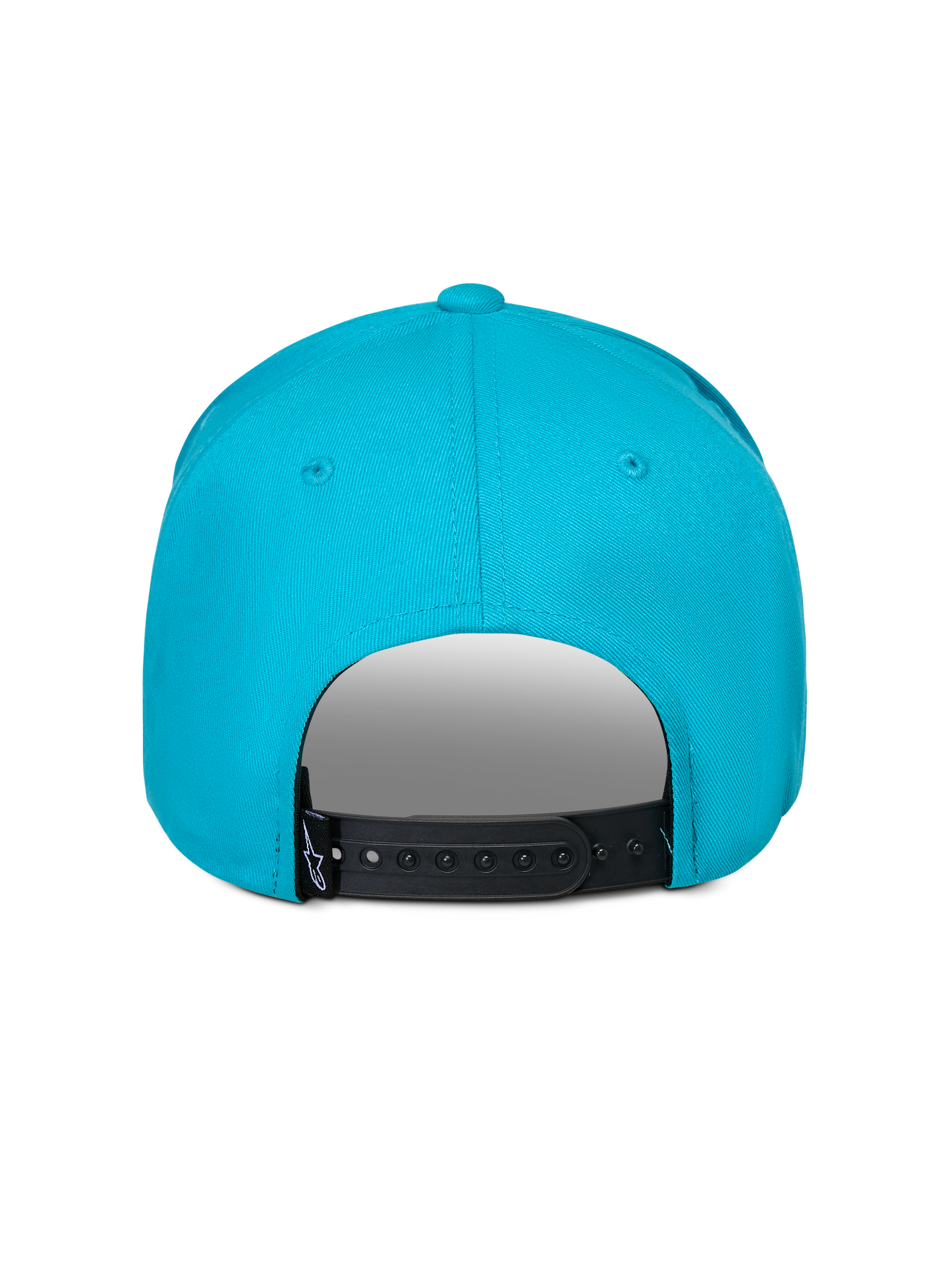 Alpinestars Luminary Mütze, Aqua-Blau, Rückansicht mit verstellbarem schwarzem Snapback-Verschluss, kleines schwarzes Logo-Etikett, 100 % Baumwoll-Twill, lässige Sport-Kopfbedeckung