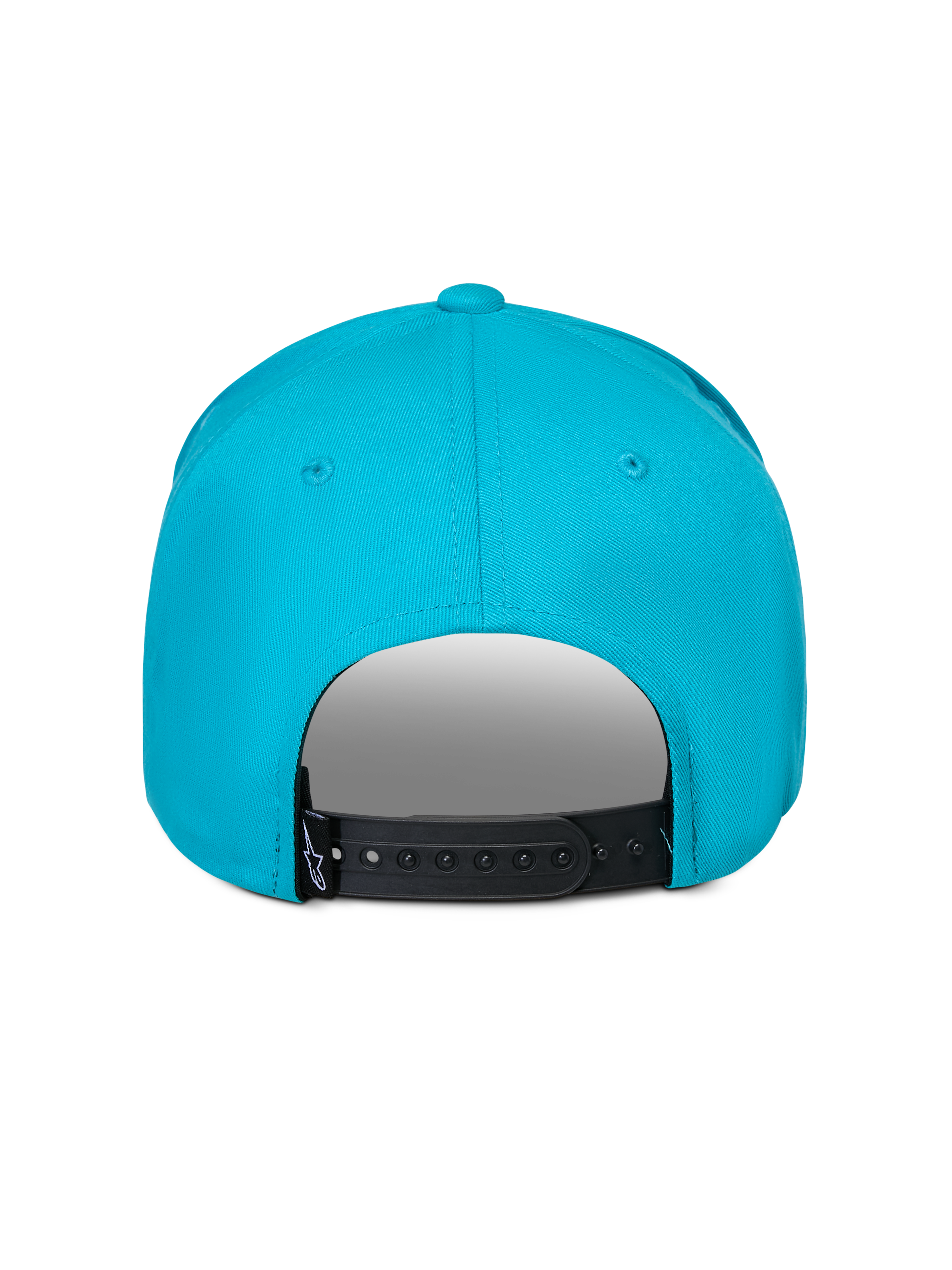 Alpinestars Luminary Mütze, Aqua-Blau, Rückansicht mit verstellbarem schwarzem Snapback-Verschluss, kleines schwarzes Logo-Etikett, 100 % Baumwoll-Twill, lässige Sport-Kopfbedeckung