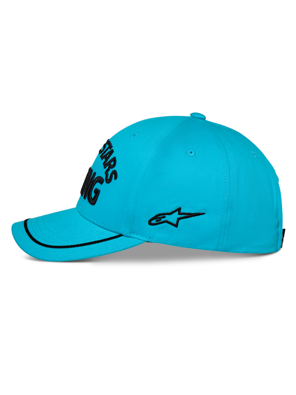 Alpinestars Luminary Kappe, aquablaue Baseball-Cap, Seitenansicht, gebogener Schirm mit schwarzem Sutache-Besatz, schwarzes gesticktes Seitenlogo, strukturierte Krone, lässige Sportbekleidung