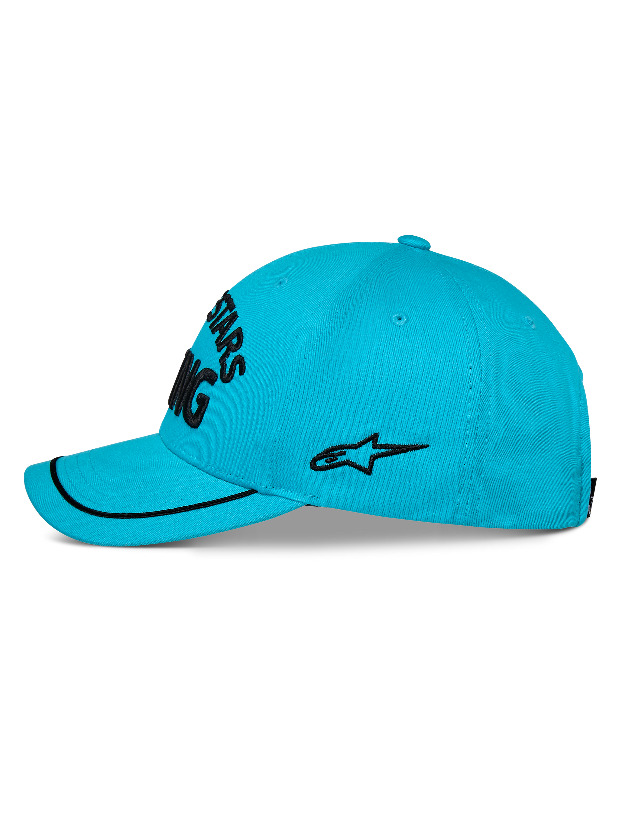 Alpinestars Luminary Kappe, aquablaue Baseball-Cap, Seitenansicht, gebogener Schirm mit schwarzem Sutache-Besatz, schwarzes gesticktes Seitenlogo, strukturierte Krone, lässige Sportbekleidung