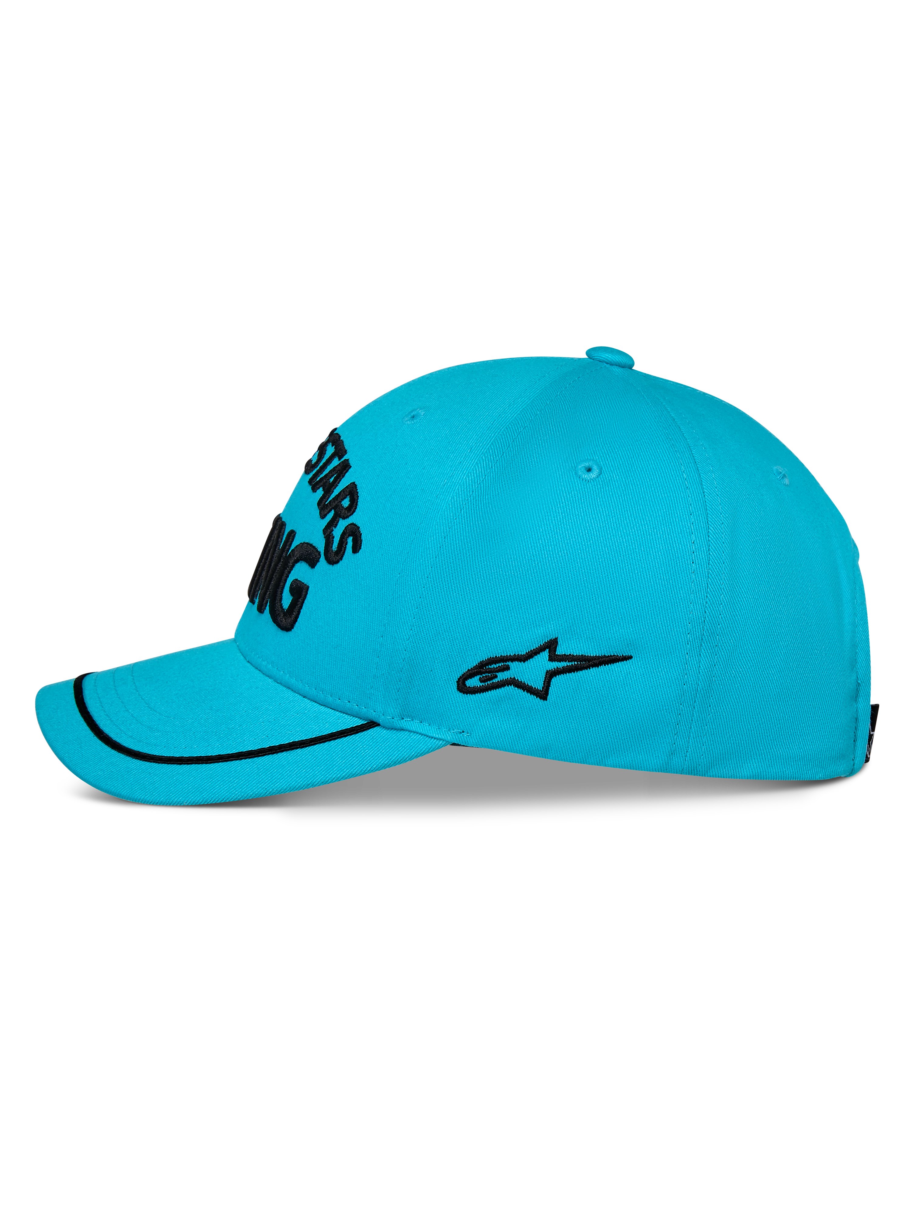 Alpinestars Luminary Kappe, aquablaue Baseball-Cap, Seitenansicht, gebogener Schirm mit schwarzem Sutache-Besatz, schwarzes gesticktes Seitenlogo, strukturierte Krone, lässige Sportbekleidung
