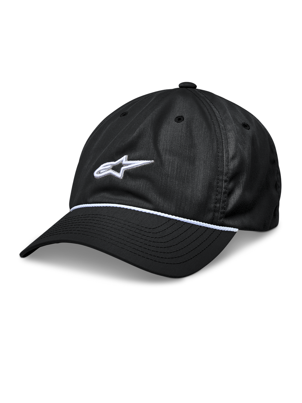Alpinestars Tyler Hat, Schwarze Snapback-Baseballkappe, Gebogener Schirm mit weißem geflochtenem Seilbesatz, Weißes 3D-gesticktes Stern-Logo, Unstrukturierte niedrige Krone, Lässige Sportbekleidung