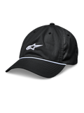 Alpinestars Tyler Hat, Schwarze Snapback-Baseballkappe, Gebogener Schirm mit weißem geflochtenem Seilbesatz, Weißes 3D-gesticktes Stern-Logo, Unstrukturierte niedrige Krone, Lässige Sportbekleidung