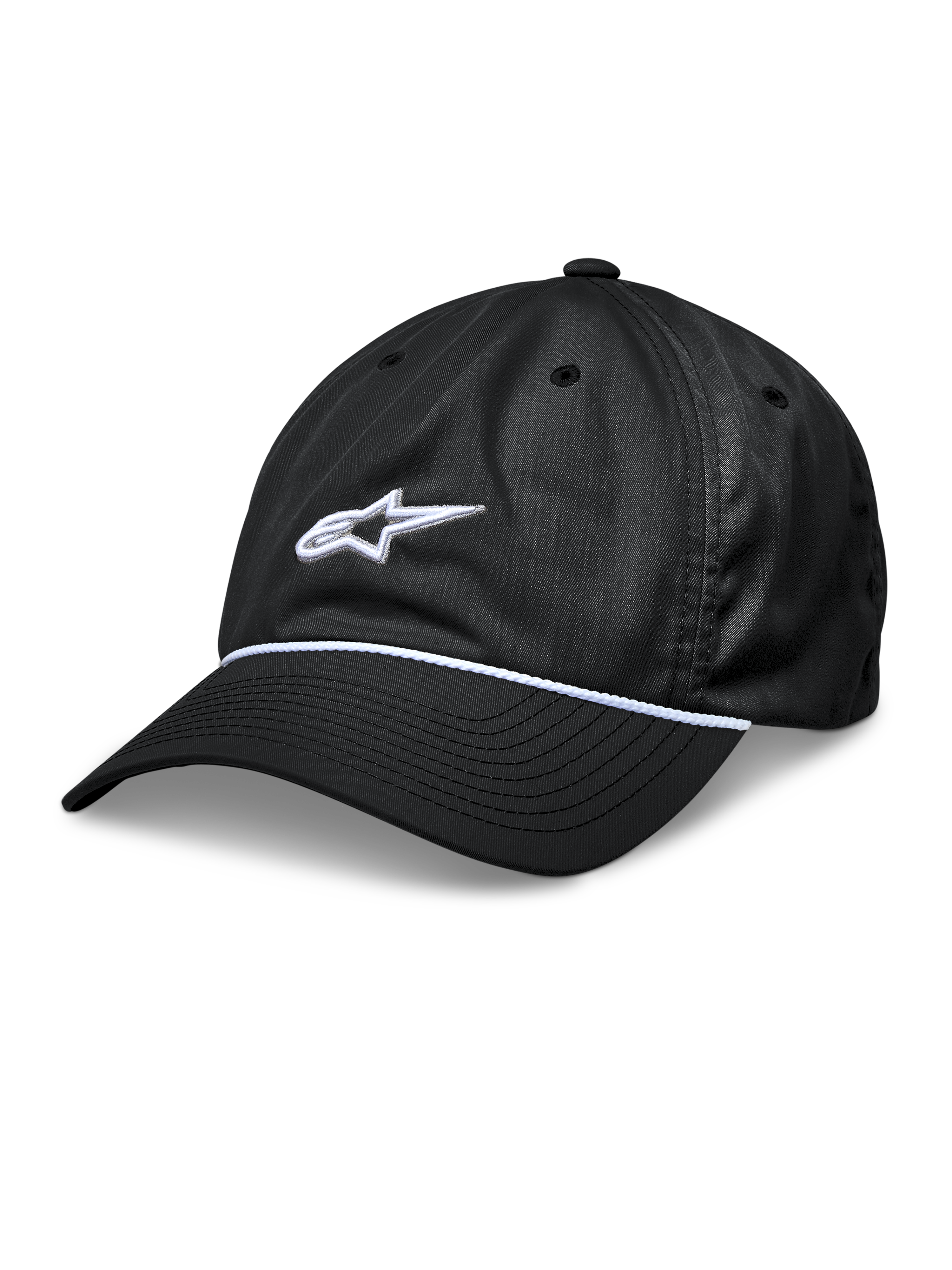 Alpinestars Tyler Hat, Black Snapback Baseball Cap, Curved Bill with White Braided Rope Trim, White 3D Embroidered Star Logo, Unstructured Low Crown, Casual Sportswear Headwear