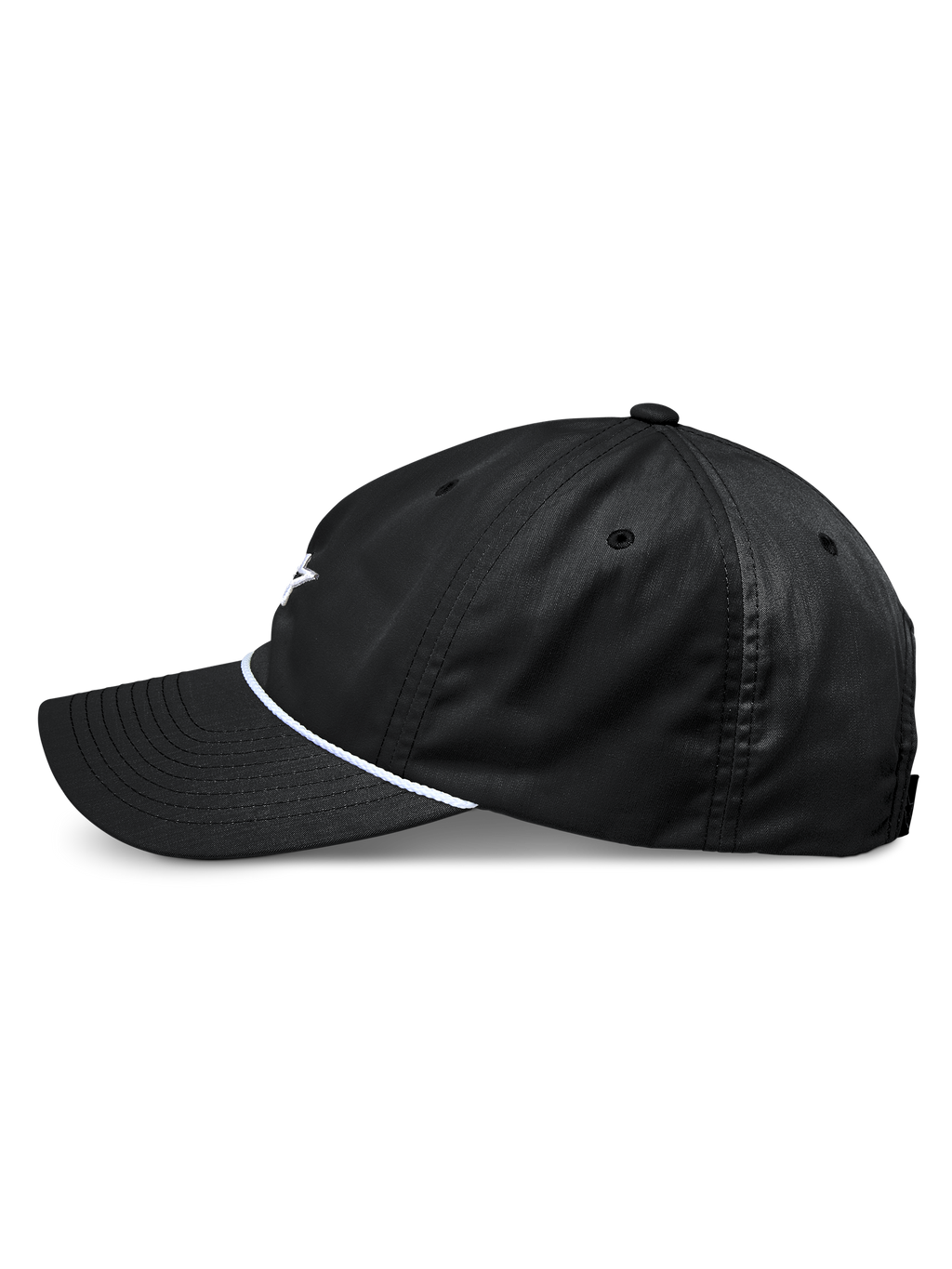 Alpinestars Tyler Mütze, schwarze Snapback-Baseballkappe, Seitenansicht, mit gebogenem Schirm und weißem geflochtenem Seilbesatz, unstrukturierte niedrige Krone, aus recyceltem Twill, lässiges vom Motorsport inspiriertes Design