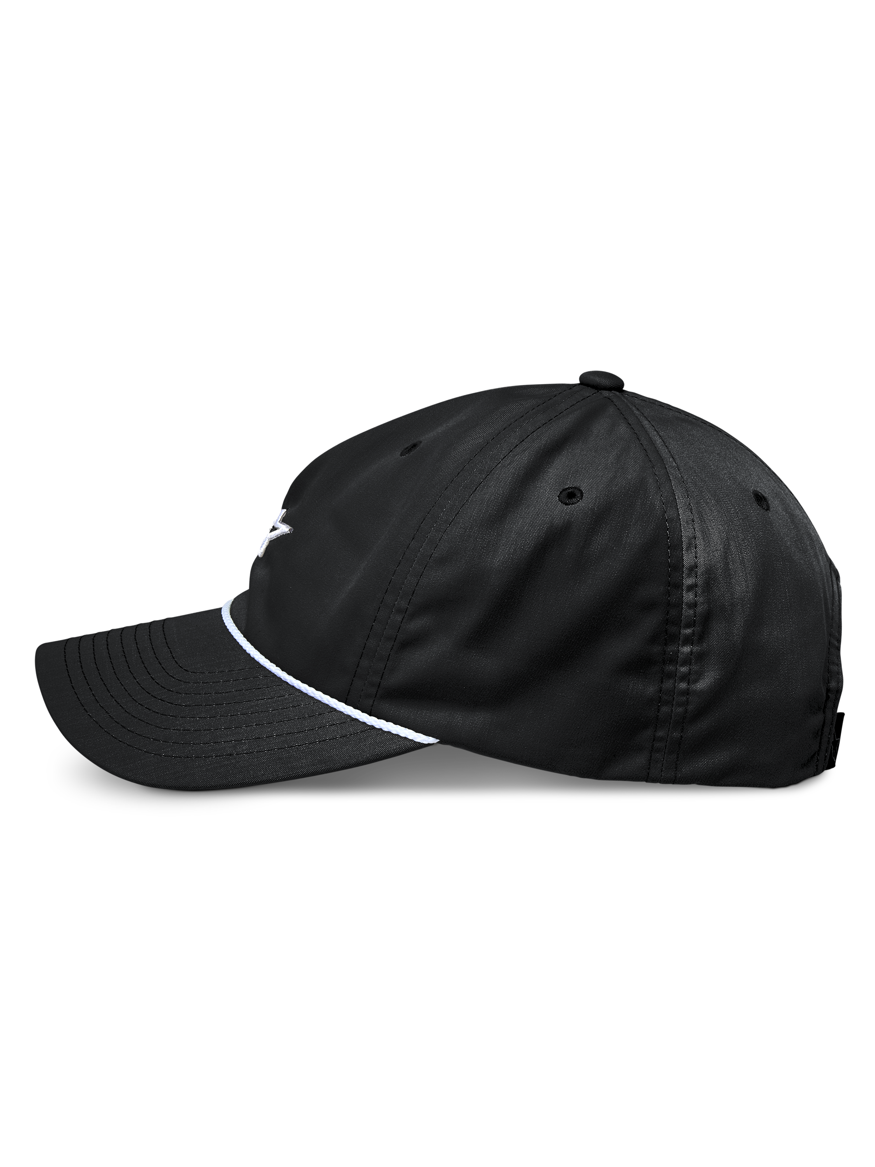 Alpinestars Tyler Mütze, schwarze Snapback-Baseballkappe, Seitenansicht, mit gebogenem Schirm und weißem geflochtenem Seilbesatz, unstrukturierte niedrige Krone, aus recyceltem Twill, lässiges vom Motorsport inspiriertes Design