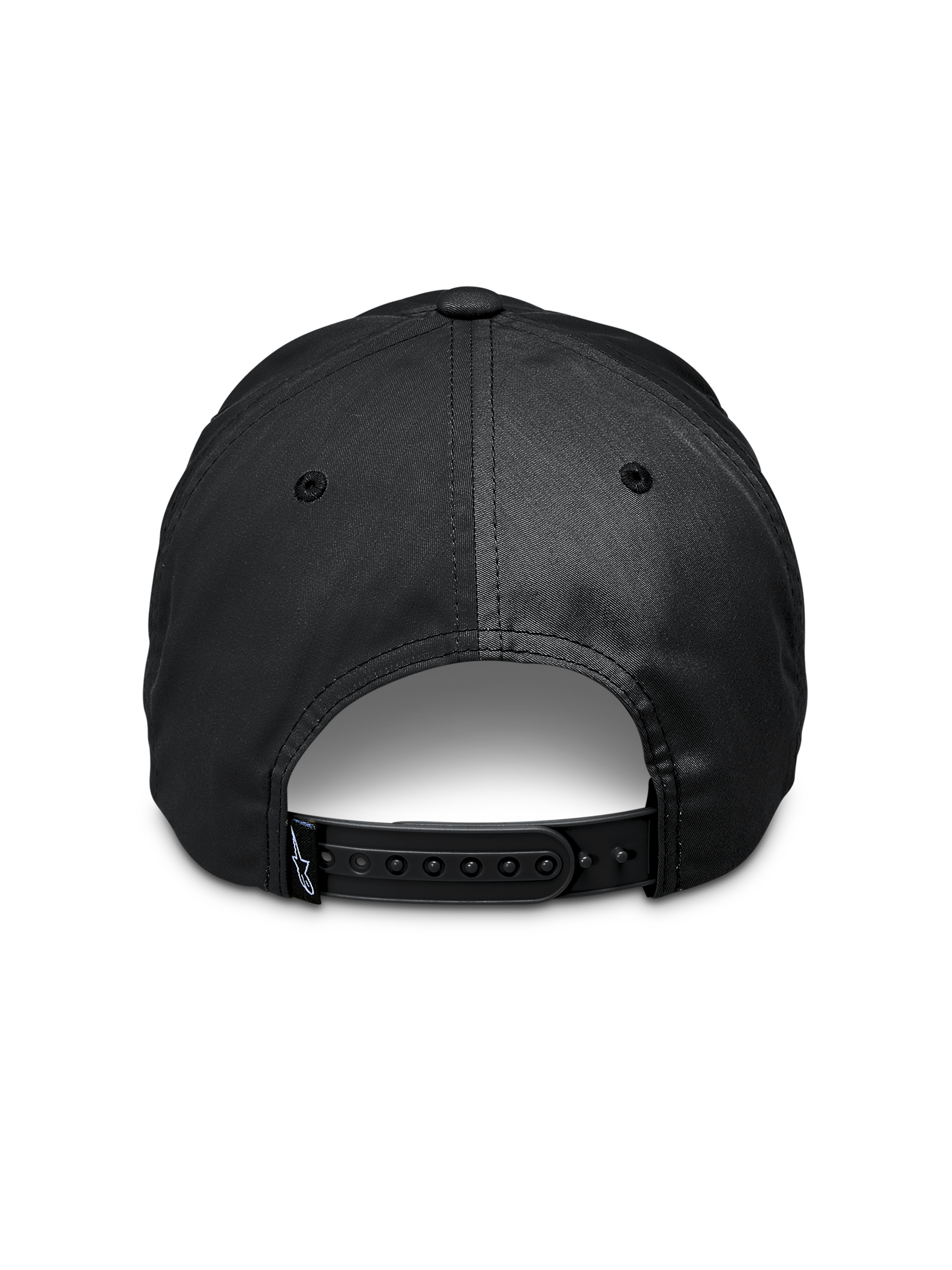 Alpinestars Tyler Mütze, Schwarz, Rückansicht mit verstellbarem Snapback-Verschluss, kleines Logo-Etikett am Riemen, recycelter Polyester-Twill, lässiges Sportbekleidungs-Accessoire