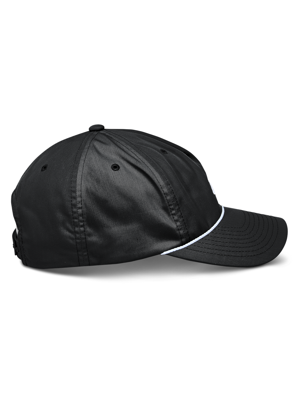 Alpinestars Tyler Mütze, schwarze Snapback-Kappe in der Seitenansicht, gebogener Schirm, weißer geflochtener Seilbesatz, unstrukturierte niedrige Krone, recycelter Polyester-Twill, lässige Sportbekleidung