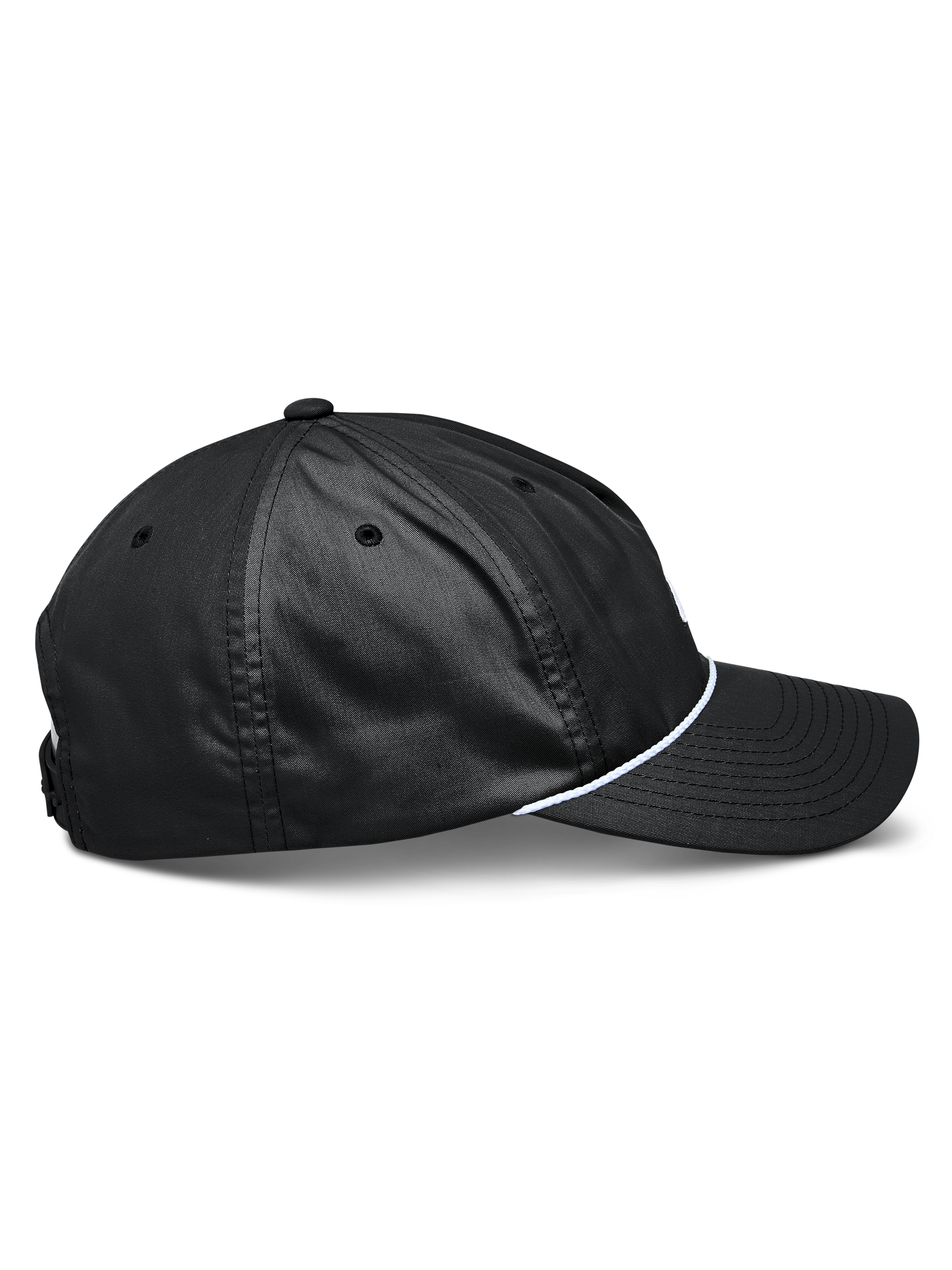 Alpinestars Tyler Mütze, schwarze Snapback-Kappe in der Seitenansicht, gebogener Schirm, weißer geflochtener Seilbesatz, unstrukturierte niedrige Krone, recycelter Polyester-Twill, lässige Sportbekleidung