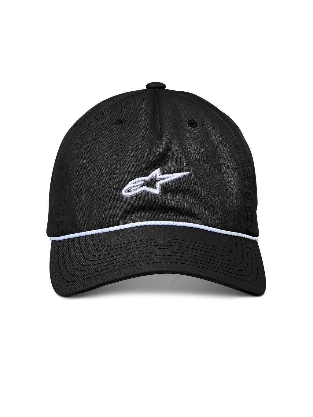 Alpinestars Tyler Mütze, Schwarze Snapback-Kappe, gebogener Schirm mit weißem geflochtenem Seilbesatz, weiß gesticktes Astars-Logo, lässige Sportbekleidung