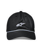 Alpinestars Tyler Mütze, Schwarze Snapback-Kappe, gebogener Schirm mit weißem geflochtenem Seilbesatz, weiß gesticktes Astars-Logo, lässige Sportbekleidung