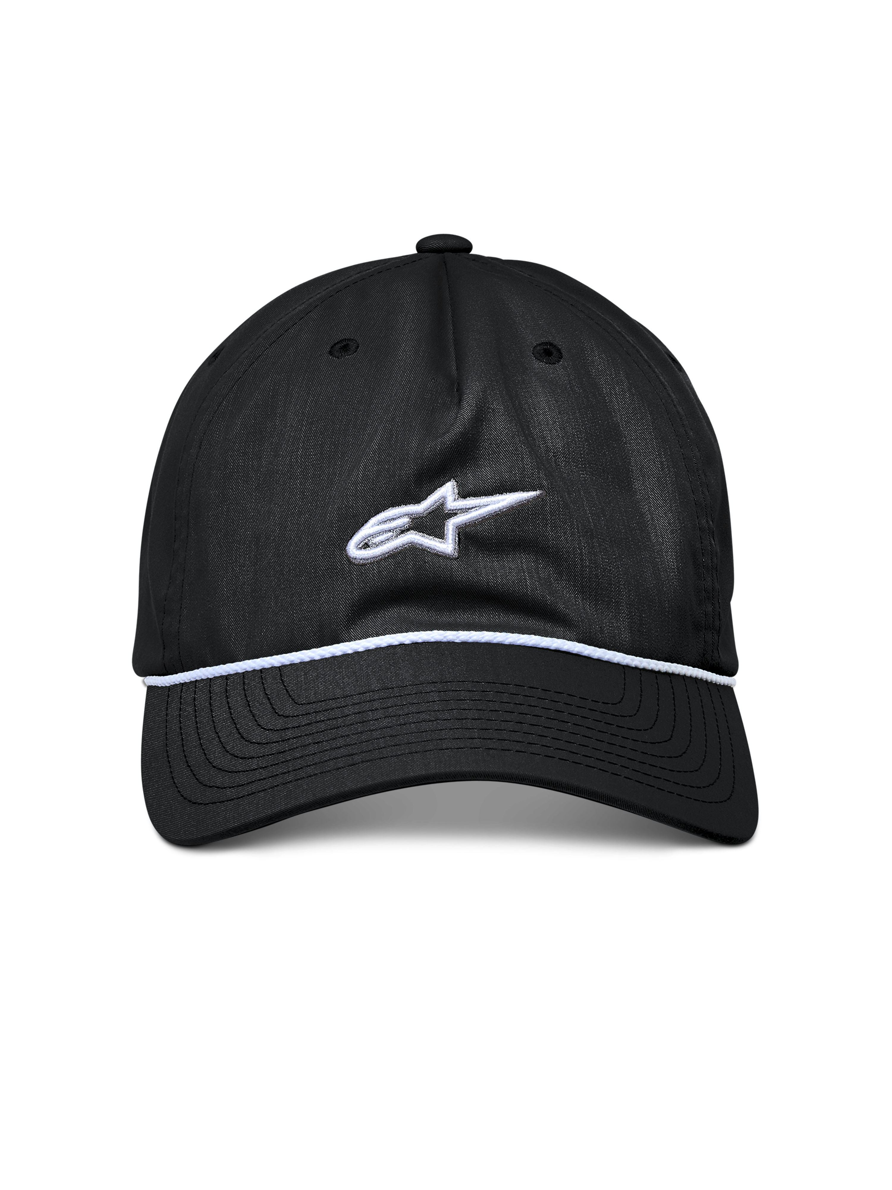 Alpinestars Tyler Mütze, Schwarze Snapback-Kappe, gebogener Schirm mit weißem geflochtenem Seilbesatz, weiß gesticktes Astars-Logo, lässige Sportbekleidung