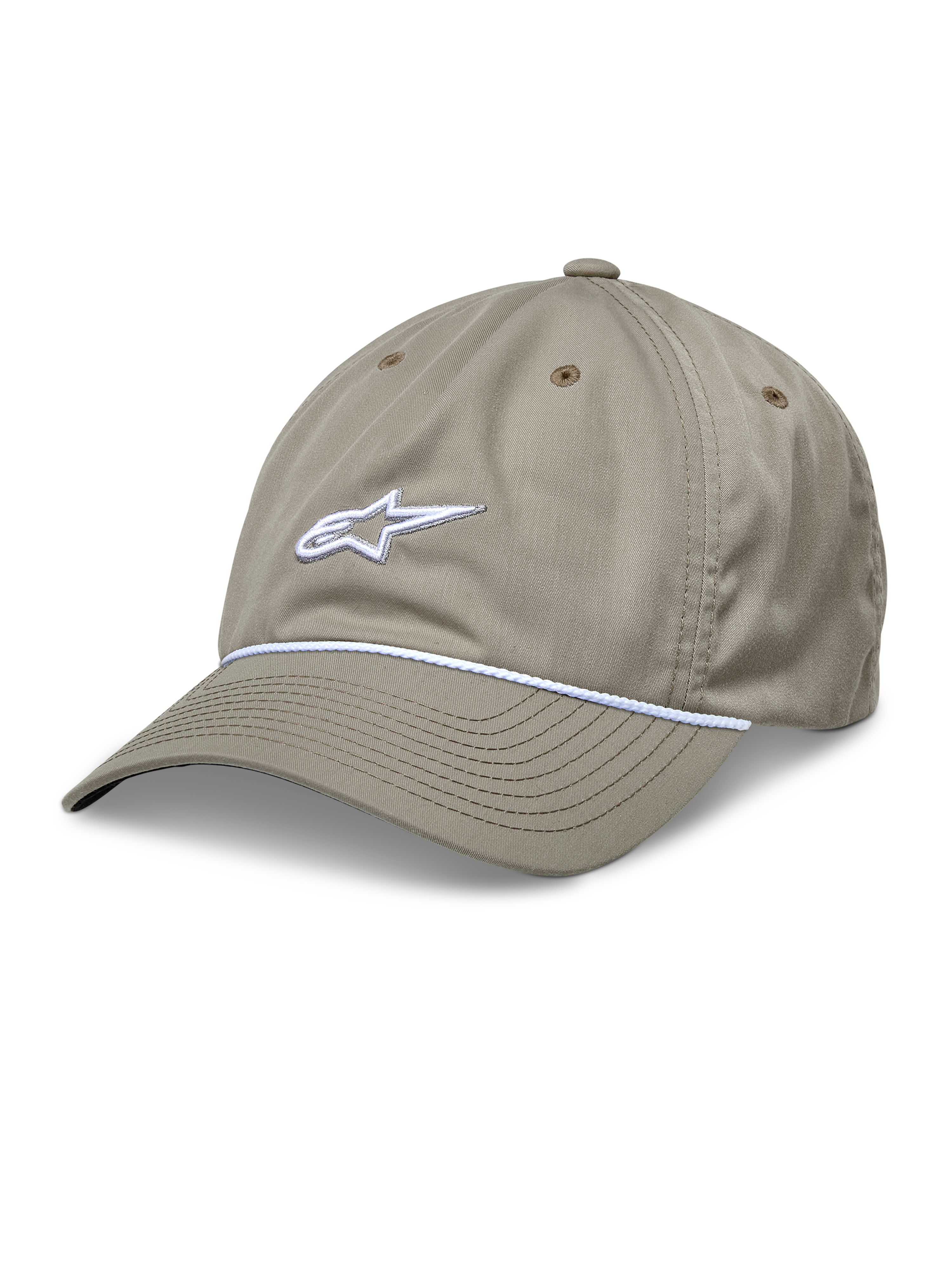 Alpinestars Tyler Hat, Khaki Baseball-Cap, weißes gesticktes 3D-Logo, weißer geflochtener Seilbesatz, unstrukturierte niedrige Krone, gebogener Schirm, Sechs-Panel-Konstruktion aus recyceltem Twill, Belüftungslöcher