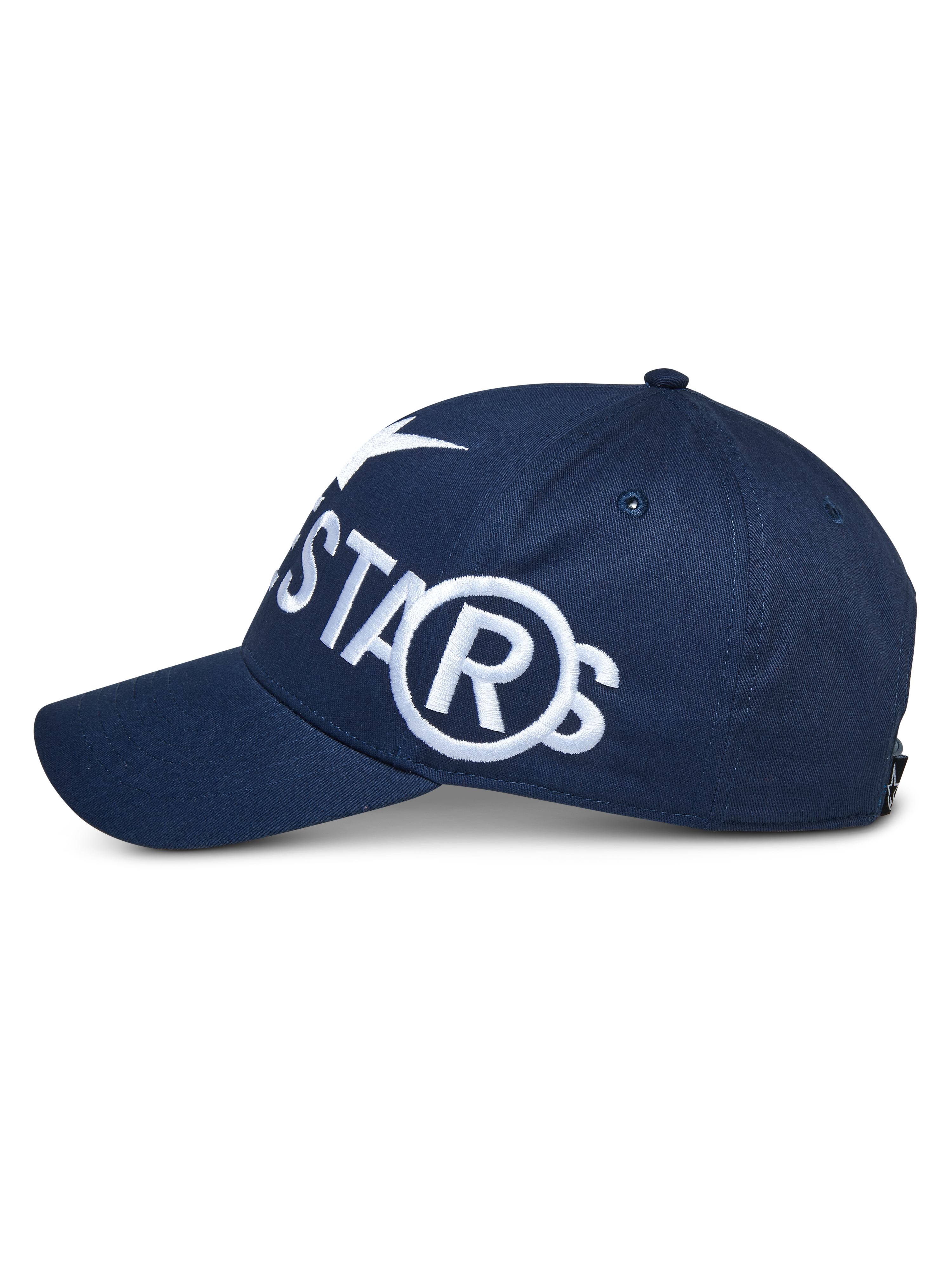 Alpinestars Committed Kappe, marineblaue Snapback, Seitenansicht mit großem weißem Sticklogo, gebogener Schirm und strukturierte Krone, legere Sportbekleidung