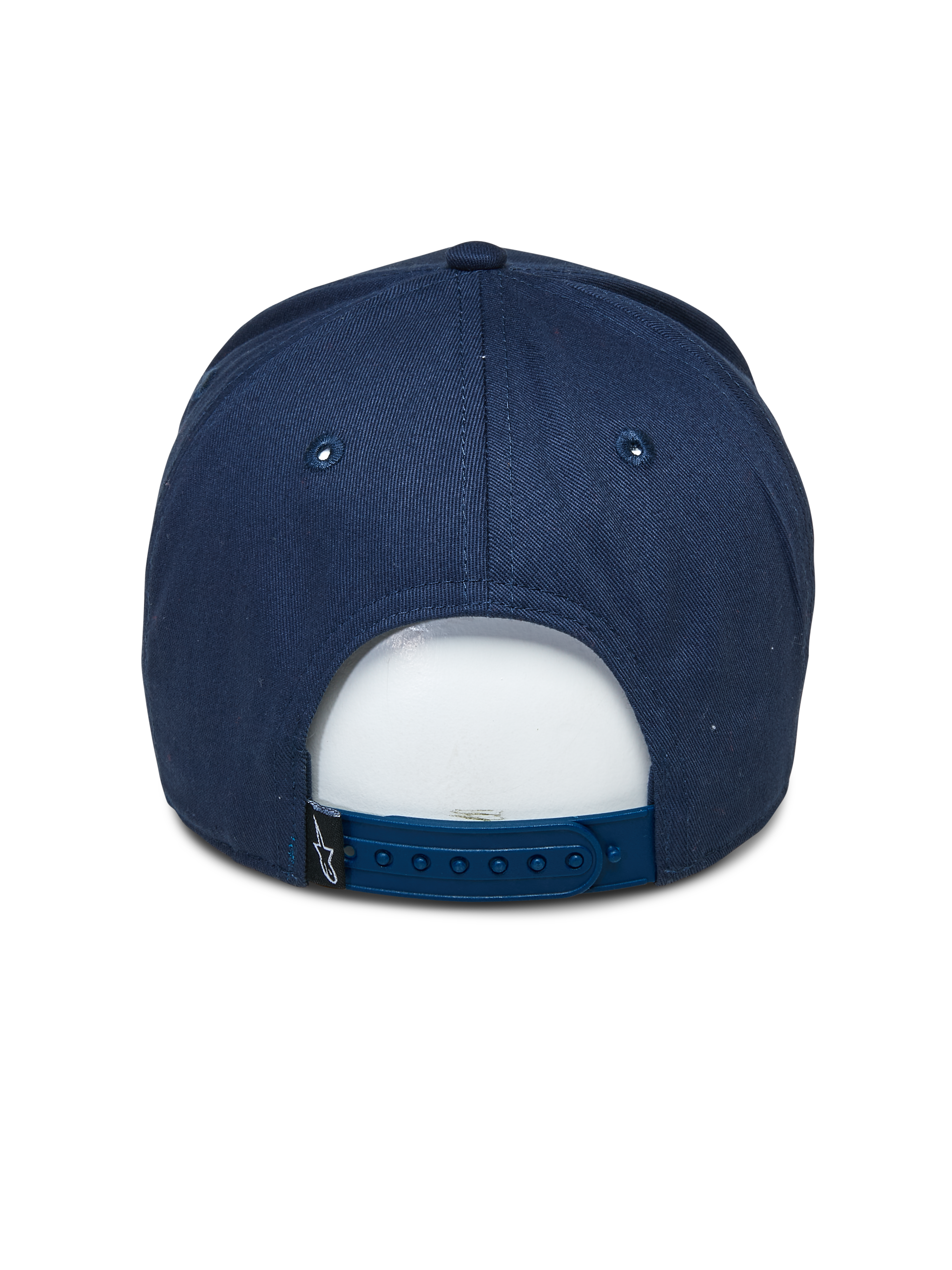 Alpinestars Committed Mütze, Dunkelblau, Snapback-Baseball-Cap, Rückansicht, mit verstellbarem Kunststoffverschluss und kleinem schwarzen Logo-Etikett, lässige, vom Motorsport inspirierte Kopfbedeckung