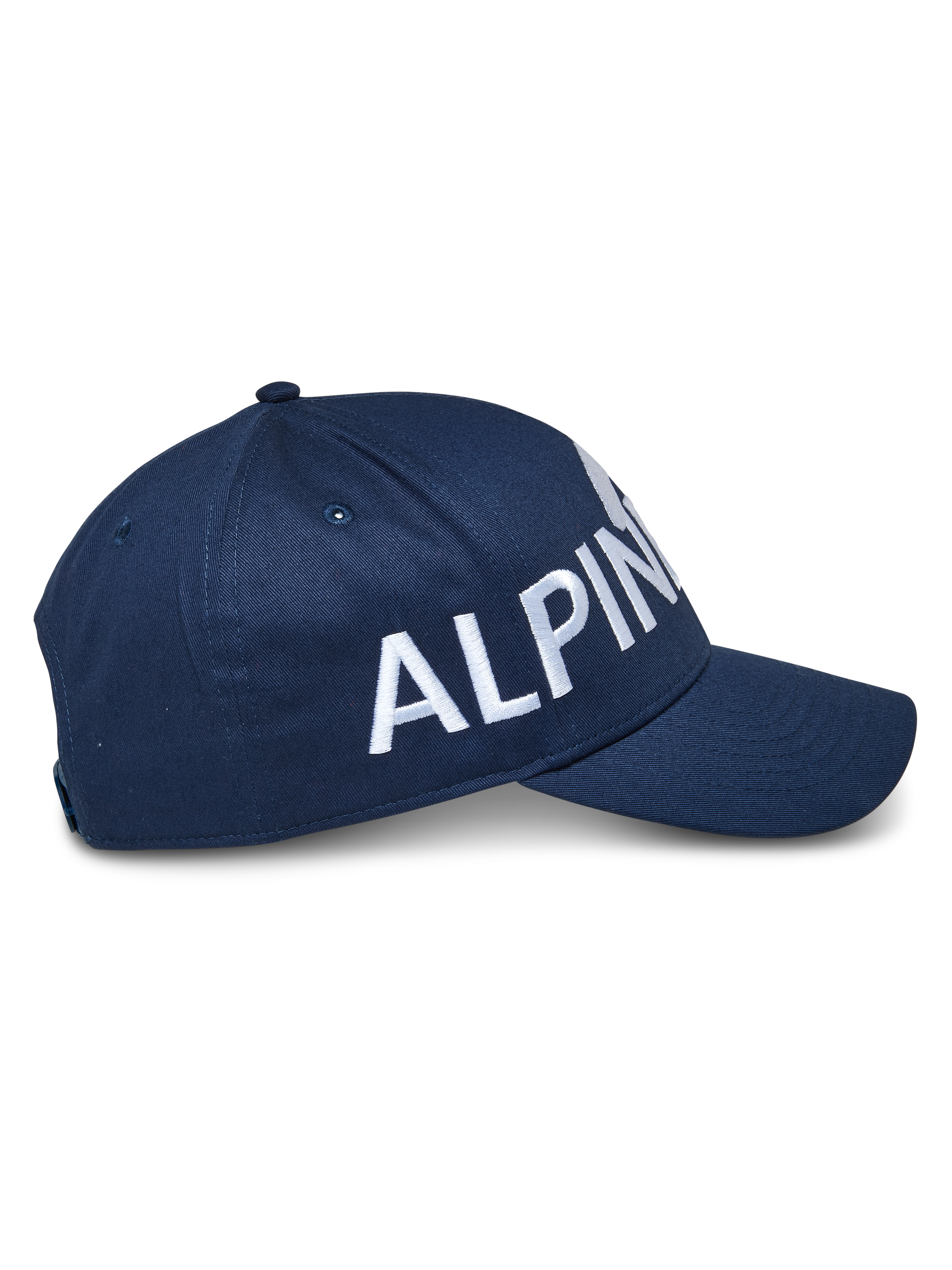 Alpinestars Committed Mütze, Snapback Baseball-Cap, Marineblau, Seitenansicht mit großem weißem Logostick, strukturierte Krone mit gebogenem Schirm, strapazierfähiges Twill-Gewebe, lässige Motorsport-Kopfbedeckung