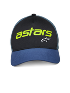 Alpinestars Vital Trucker Mütze, Freizeit-Trucker-Cap, Schwarz und Blau mit grünem Mesh-Rücken, lindgrüner „astars“-Schriftzug und weißes A-Star-Logo, gebogener Schirm und strukturierte Krone