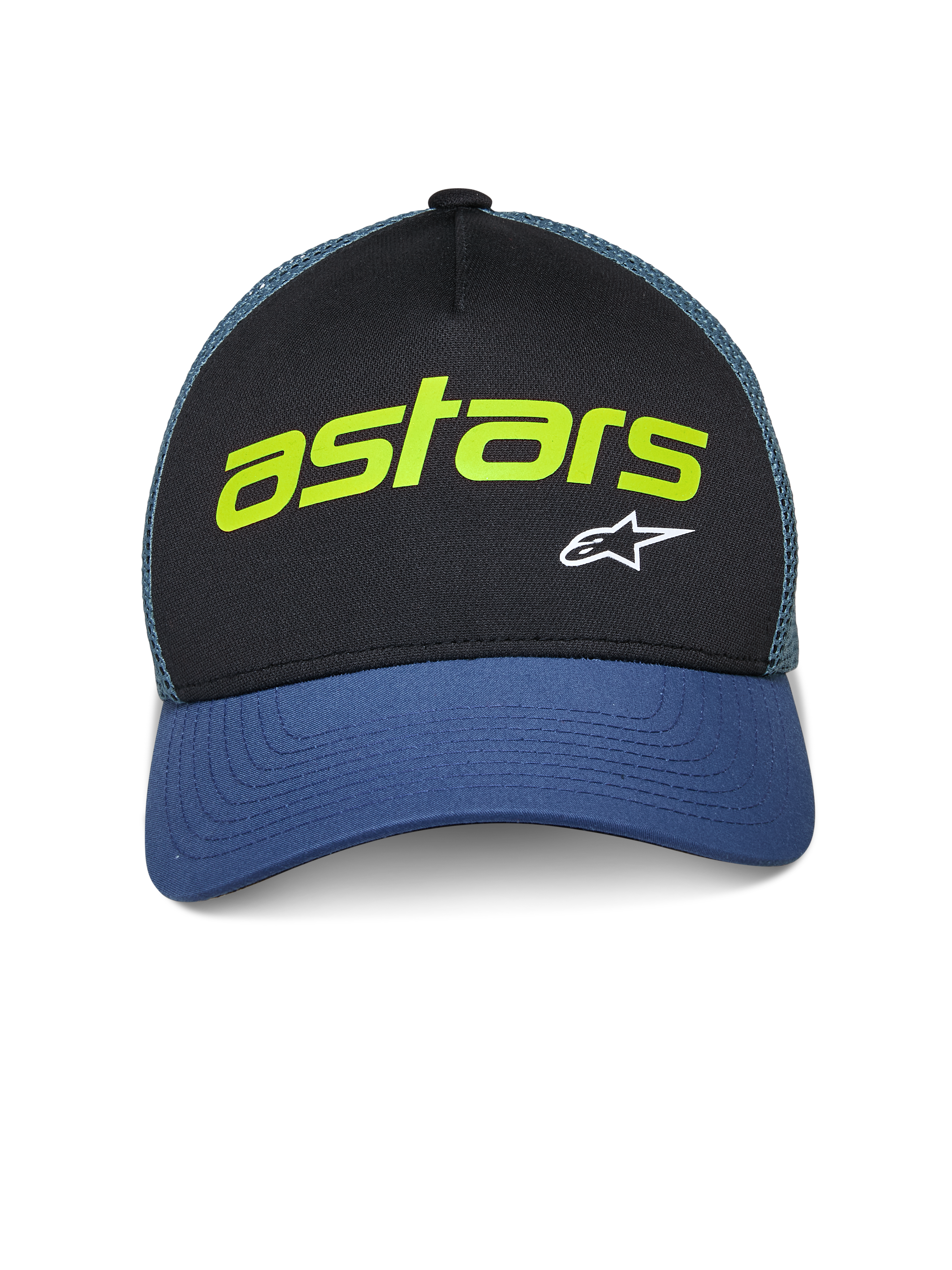 Alpinestars Vital Trucker Mütze, Freizeit-Trucker-Cap, Schwarz und Blau mit grünem Mesh-Rücken, lindgrüner „astars“-Schriftzug und weißes A-Star-Logo, gebogener Schirm und strukturierte Krone