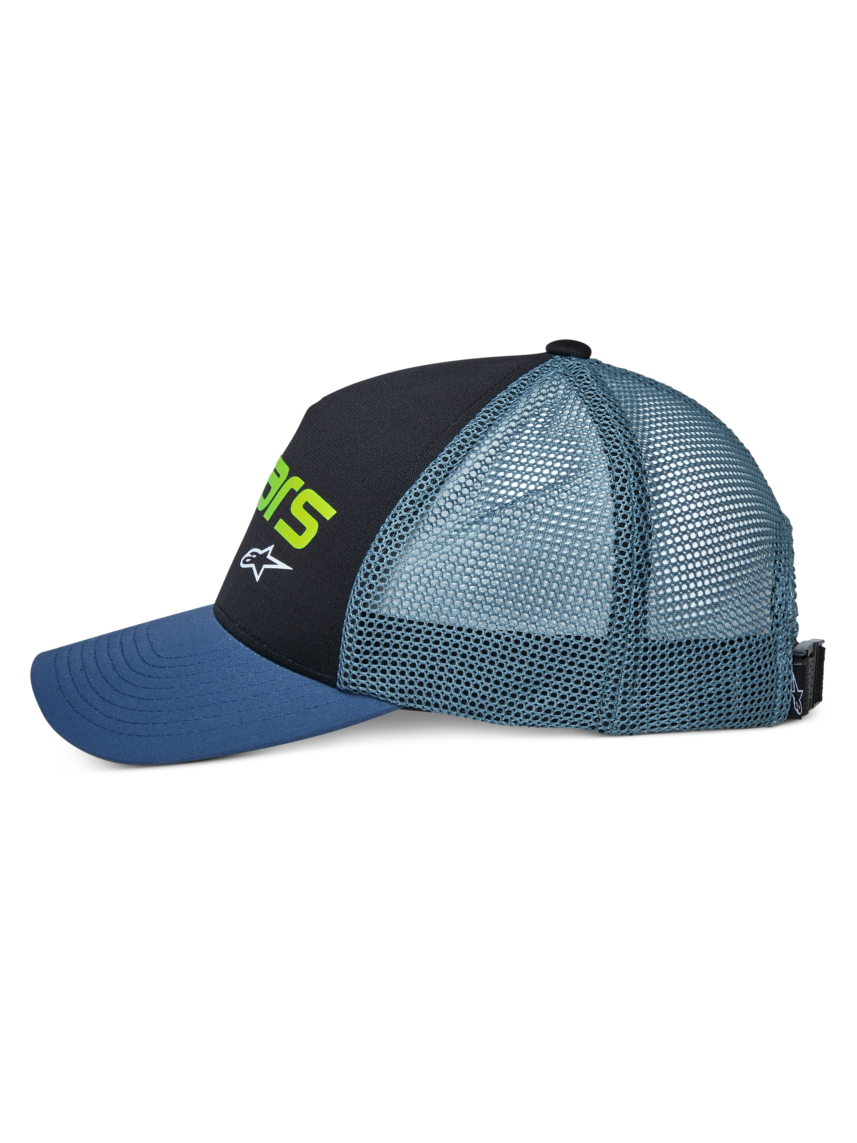 Alpinestars Vital Trucker Mütze, Seitenansicht, mit blauem gebogenem Schirm, schwarzer strukturierter Vorderseite mit neongrüner Schrift und weißem Logo, petrolfarbener Mesh-Rückseite und verstellbarem Schnallenverschluss, lässige Motorsport-Kopfbedeckung