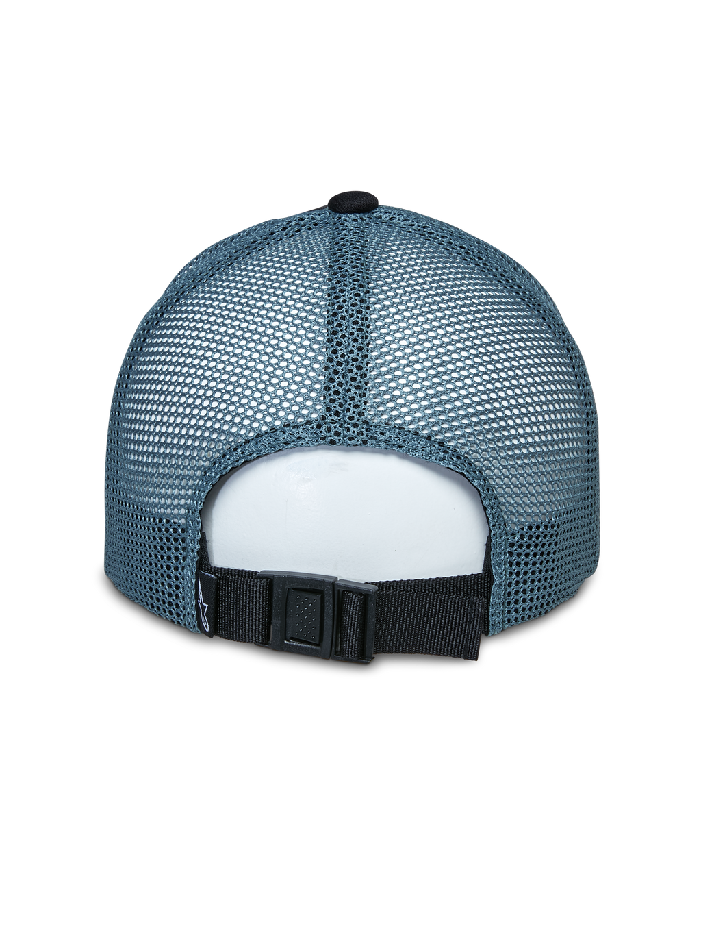 Alpinestars Vital Trucker Mütze, Rückansicht, blaue Mesh-Einsätze hinten, schwarzer verstellbarer Schnallenverschluss, strukturierte Krone, lässige Sportbekleidung