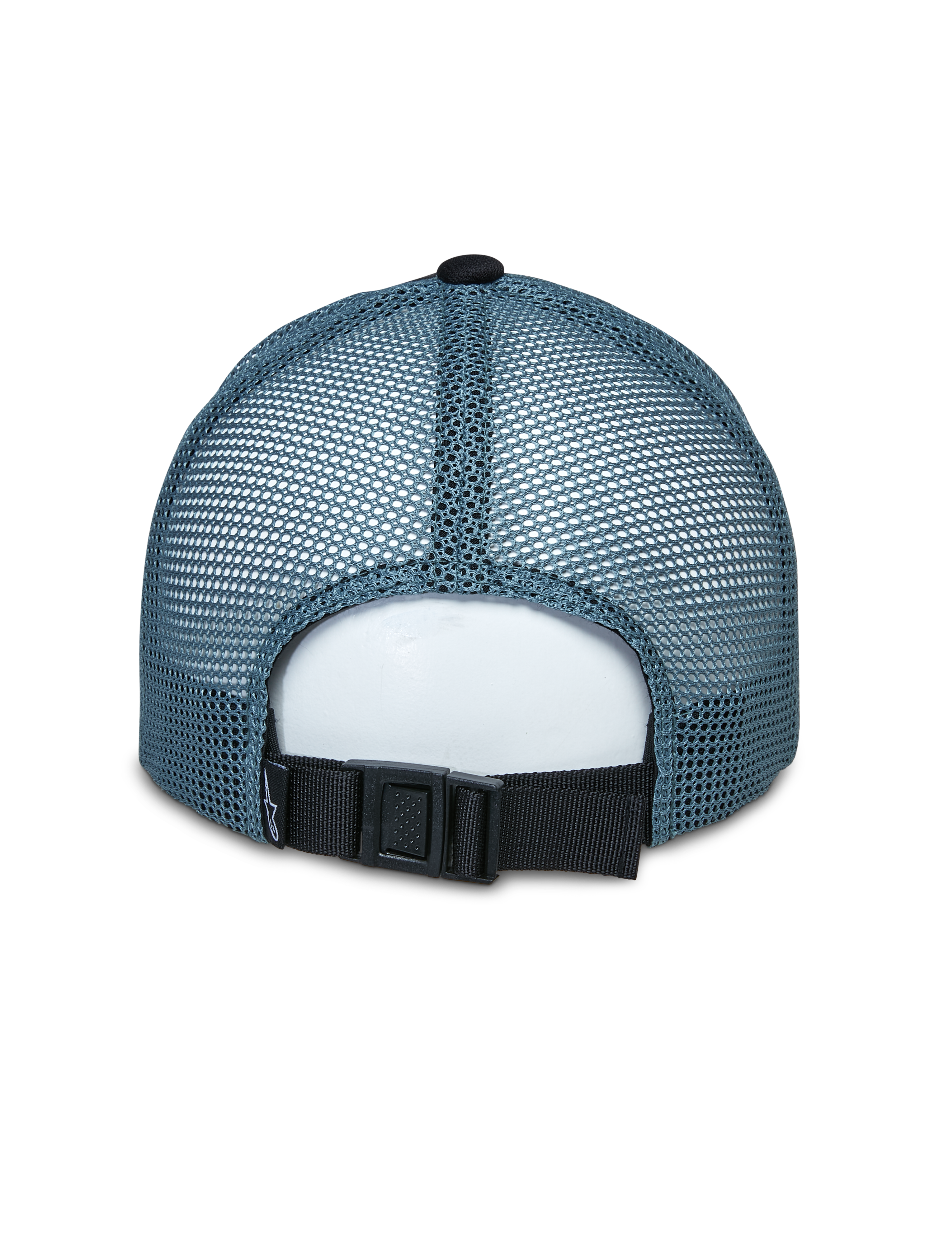 Alpinestars Vital Trucker Mütze, Rückansicht, blaue Mesh-Einsätze hinten, schwarzer verstellbarer Schnallenverschluss, strukturierte Krone, lässige Sportbekleidung