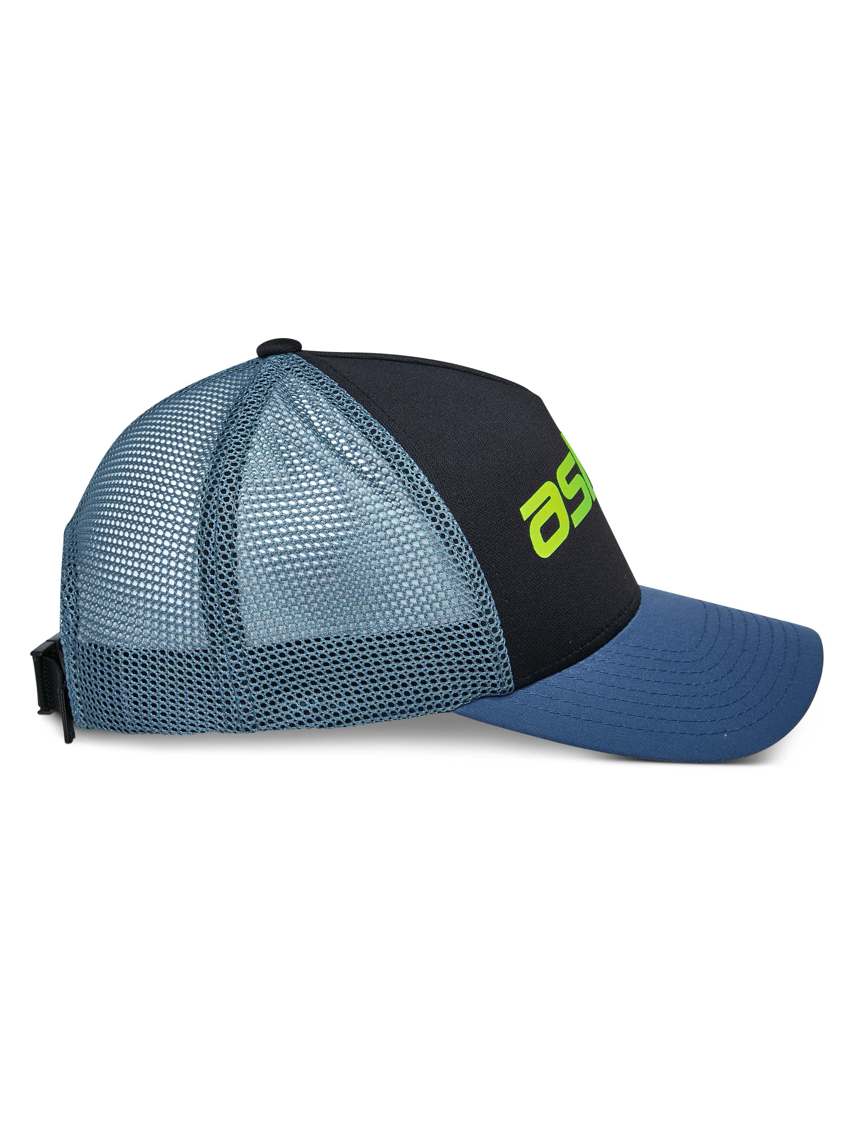 Alpinestars Vital Trucker Hat, Seitenansicht, schwarze Vorderseite mit blauem gebogenem Schirm und hellblauem Mesh-Rückteil, limettengrünes Logo-Detail, strukturierte Krone, lässige vom Motorsport inspirierte Kopfbedeckung