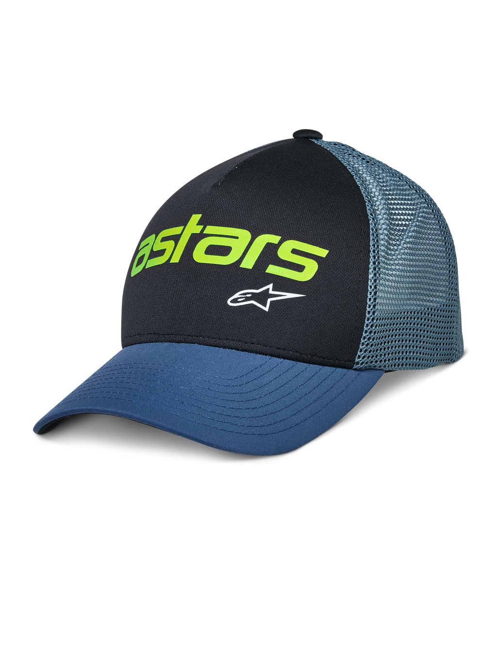Alpinestars Vital Trucker Hat, lässige Trucker-Kappe, Schwarz und Blau, neongrünes Astars-Logo und weißer Stern, strukturierte Krone, gebogener Schirm, belüftete Mesh-Rückseite