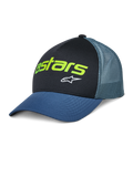 Alpinestars Vital Trucker Hat, lässige Trucker-Kappe, Schwarz und Blau, neongrünes Astars-Logo und weißer Stern, strukturierte Krone, gebogener Schirm, belüftete Mesh-Rückseite
