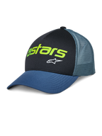 Alpinestars Vital Trucker Hat, lässige Trucker-Kappe, Schwarz und Blau, neongrünes Astars-Logo und weißer Stern, strukturierte Krone, gebogener Schirm, belüftete Mesh-Rückseite