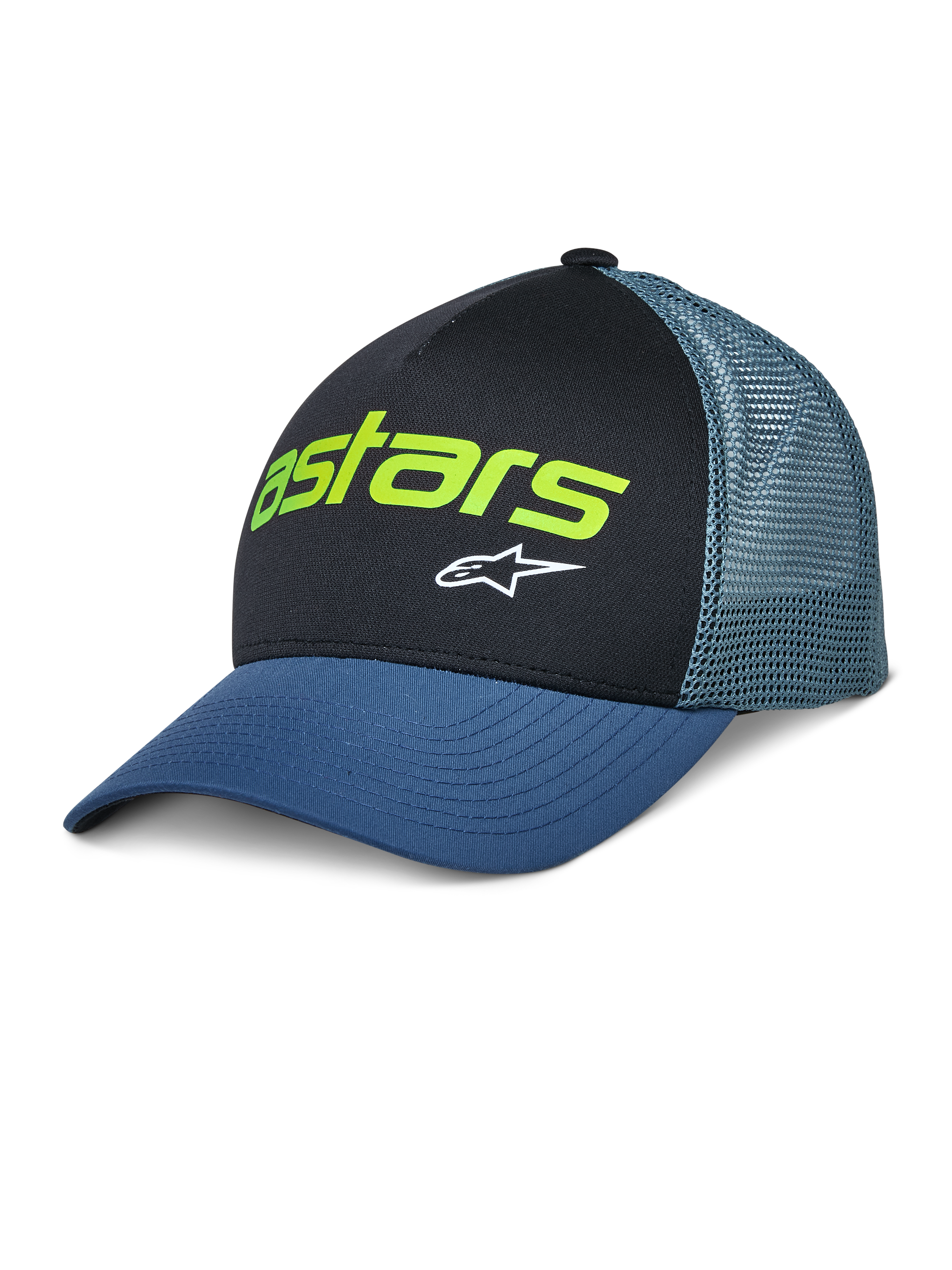 Alpinestars Vital Trucker Hat, lässige Trucker-Kappe, Schwarz und Blau, neongrünes Astars-Logo und weißer Stern, strukturierte Krone, gebogener Schirm, belüftete Mesh-Rückseite