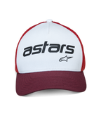 Alpinestars Vital Trucker-Mütze, Trucker-Cap, Weiß, Maroon und Orange, mit einer weißen Frontpartie und schwarzem „astars“-Branding, maroonfarbenem gebogenem Schirm und orangem Mesh-Gewebe, lässige vom Motorsport inspirierte Kopfbedeckung