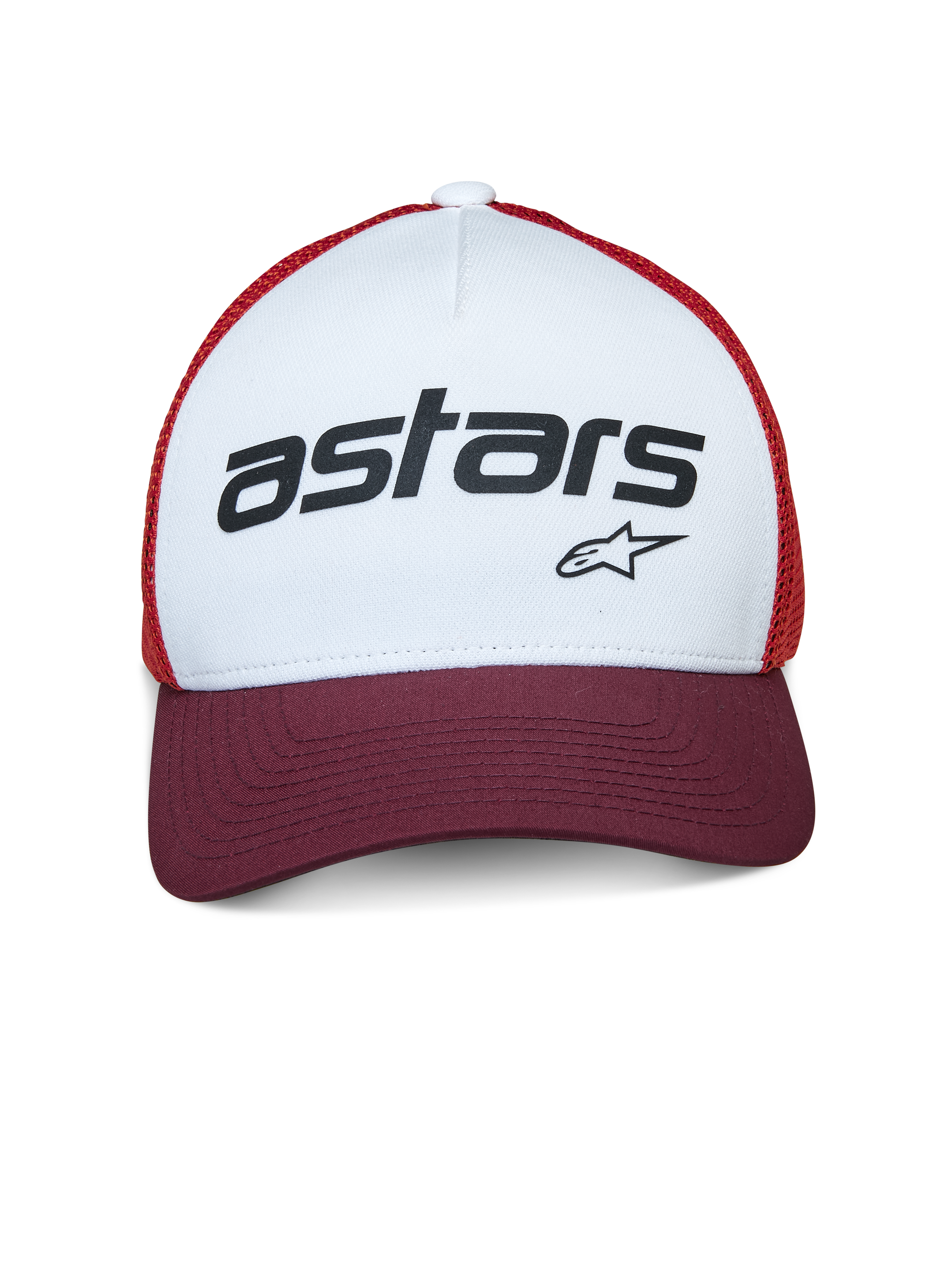 Alpinestars Vital Trucker-Mütze, Trucker-Cap, Weiß, Maroon und Orange, mit einer weißen Frontpartie und schwarzem „astars“-Branding, maroonfarbenem gebogenem Schirm und orangem Mesh-Gewebe, lässige vom Motorsport inspirierte Kopfbedeckung
