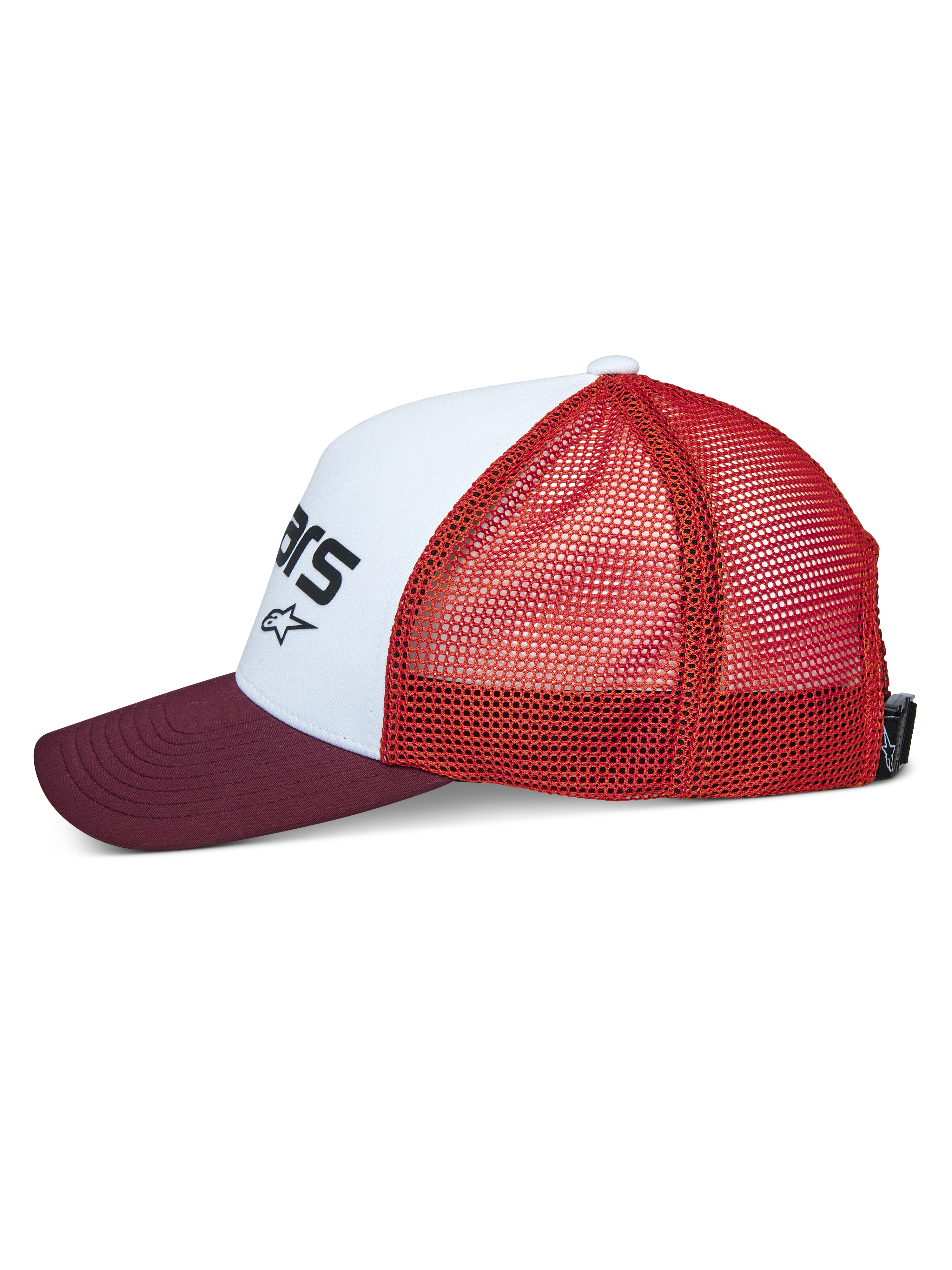 Alpinestars Vital Trucker-Mütze, Seitenansicht, weiße strukturierte Vorderseite mit schwarzem Logo, maronenbrauner gebogener Schirm, orangefarbene Mesh-Rückseite, lässige Sport-Kopfbedeckung