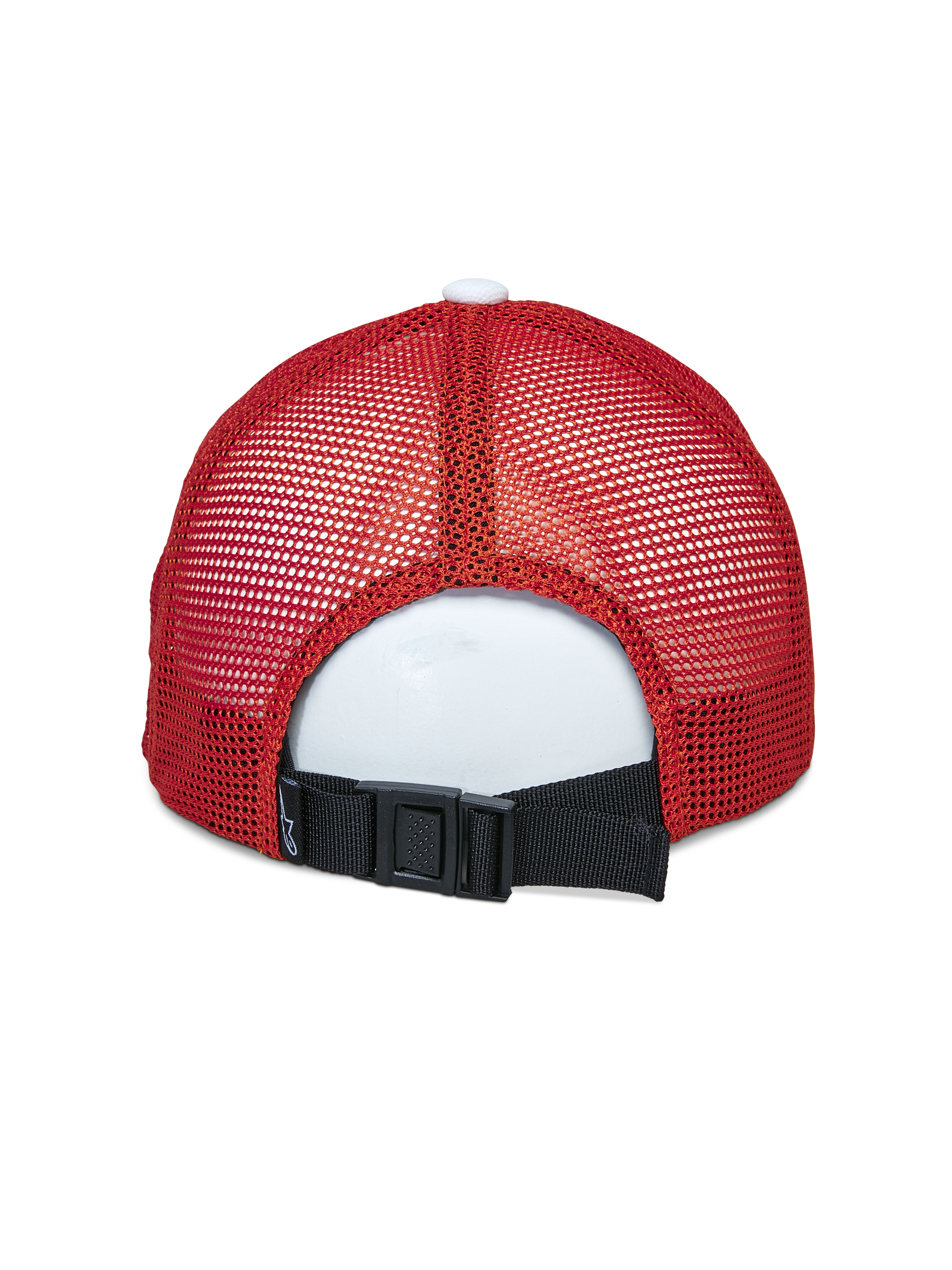 Alpinestars Vital Trucker-Mütze, Rückansicht, Weiß Maroon Orange, mit roten Mesh-Einsätzen und schwarzem verstellbarem Schnallenverschluss, sportliche Kopfbedeckung