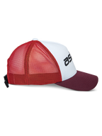 Alpinestars Vital Trucker Hat, lässige Trucker-Cap, Weiß, Maroon und Orange, Seitenansicht mit gebogenem Schirm und Mesh-Rückseite, verstellbarer Schnallenverschluss, strukturierte Krone mit schwarzem Logo